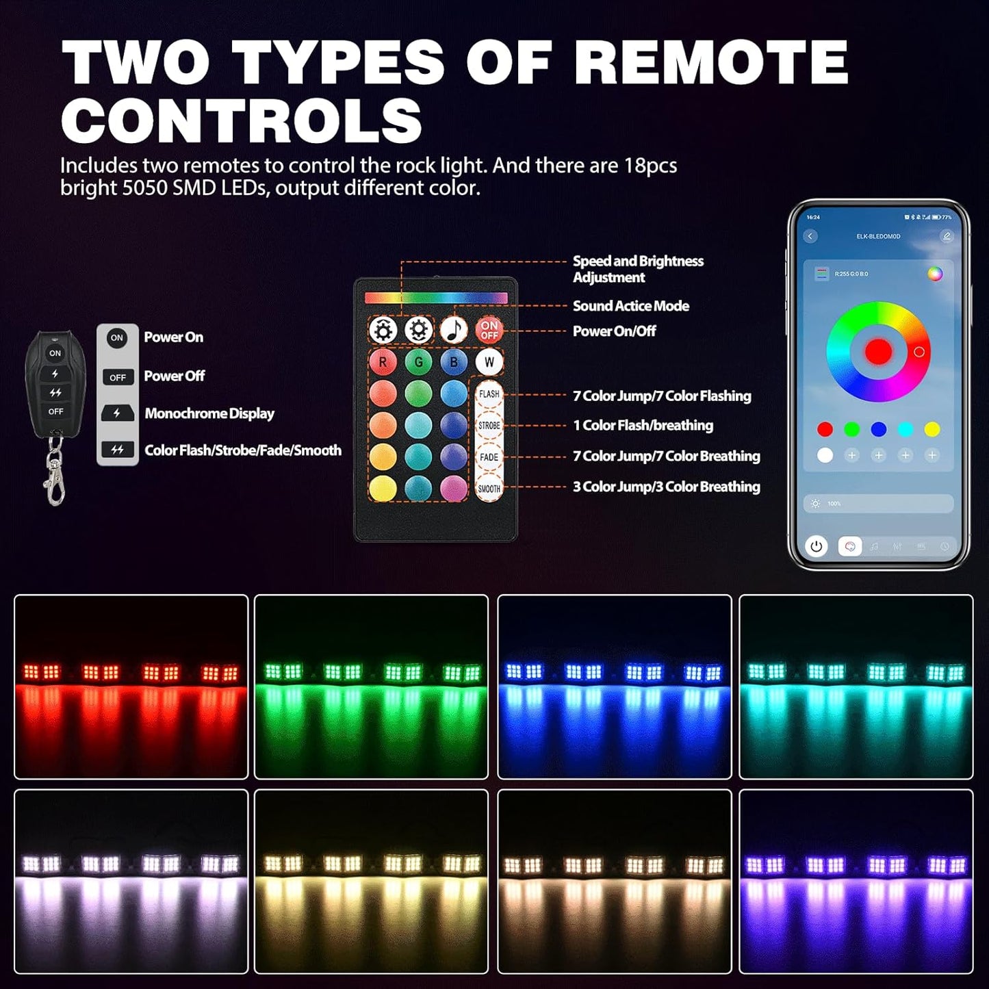 Nilight RGB LED Rock Lights Kit 4 PCS 18LED Wide Angle Wheel Well Light with Remote & Bluetooth App Dual Control Multi Modes Underglow Multicolor Neon Pod for ATV UTV SUV Offroad Truck RZR Boat