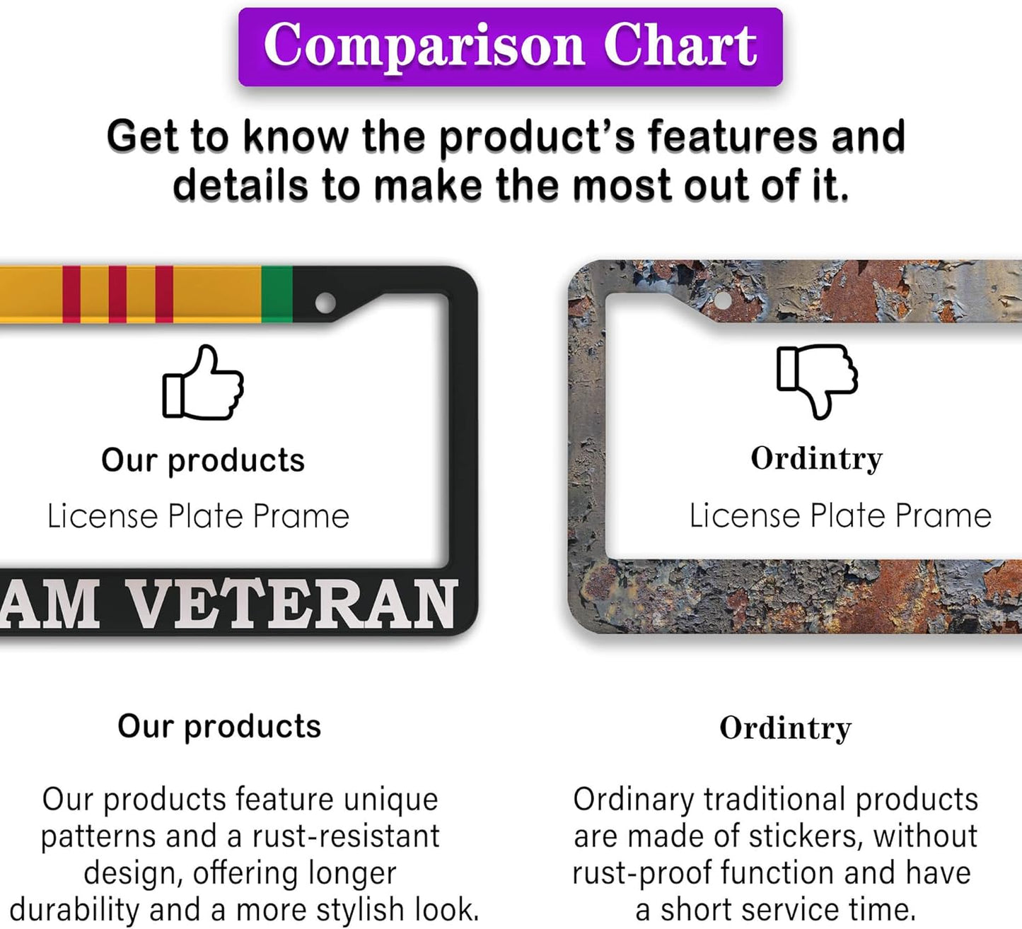 License Plate Cover Black and White License Plate Frames Vietnam Veteran Universal Aluminum Car Accessory 2 Pack with Screw Covers Set