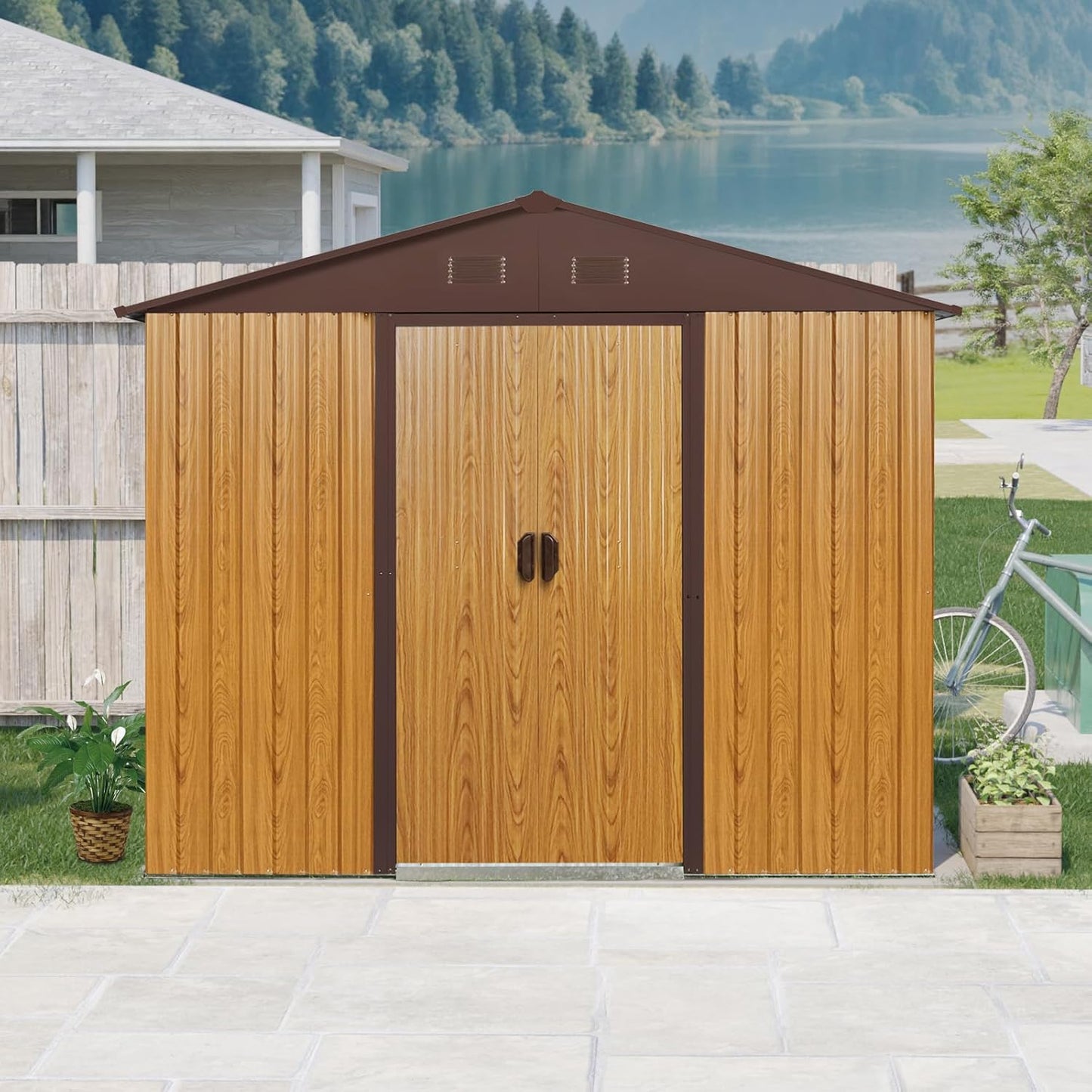 4x8 FT Outdoor Storage Shed, Metal Garden Shed with Frame Floor, Outside Tool Shed with Window, Waterproof Storage Building with Lockable Sliding Doors & Sloped Roof for Backyard, Patio, Coffee