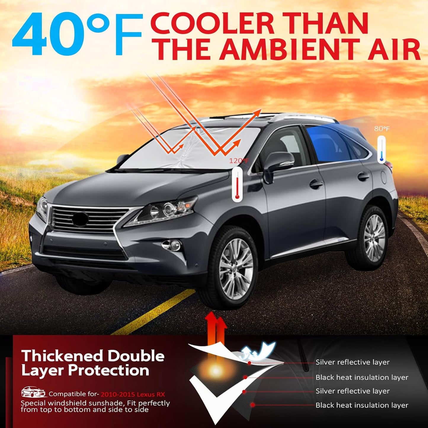 KAYZT Windshield Sun Shade for 2010-2015 Le-xus RX350/RX350h/RX450/RX450h Foldable Sunshade Front Window Custom Fit Car Accessories