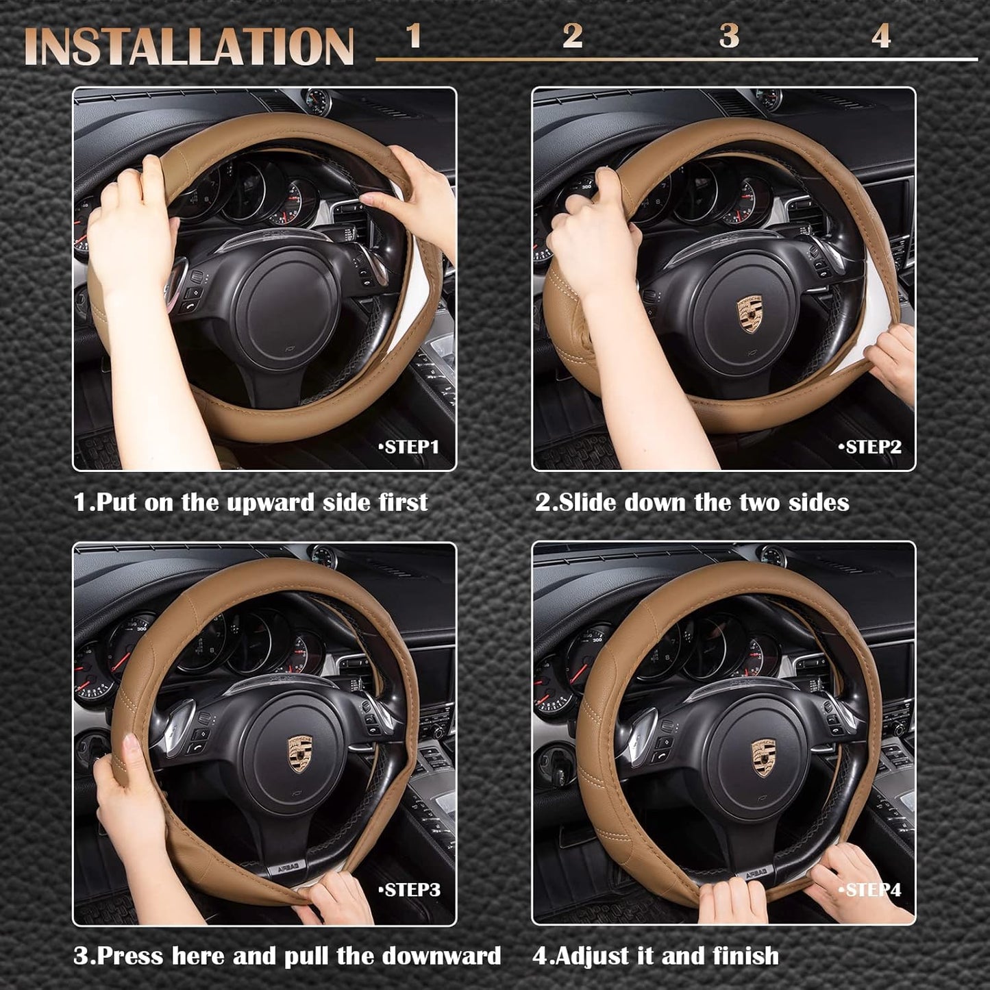 CAR PASS Line Rider Microfiber Leather Sporty Steering Wheel Cover Universal Fits for 95% Truck,SUV,Cars, Anti-Slip Safety Comfortable Desgin (Pure Brown)