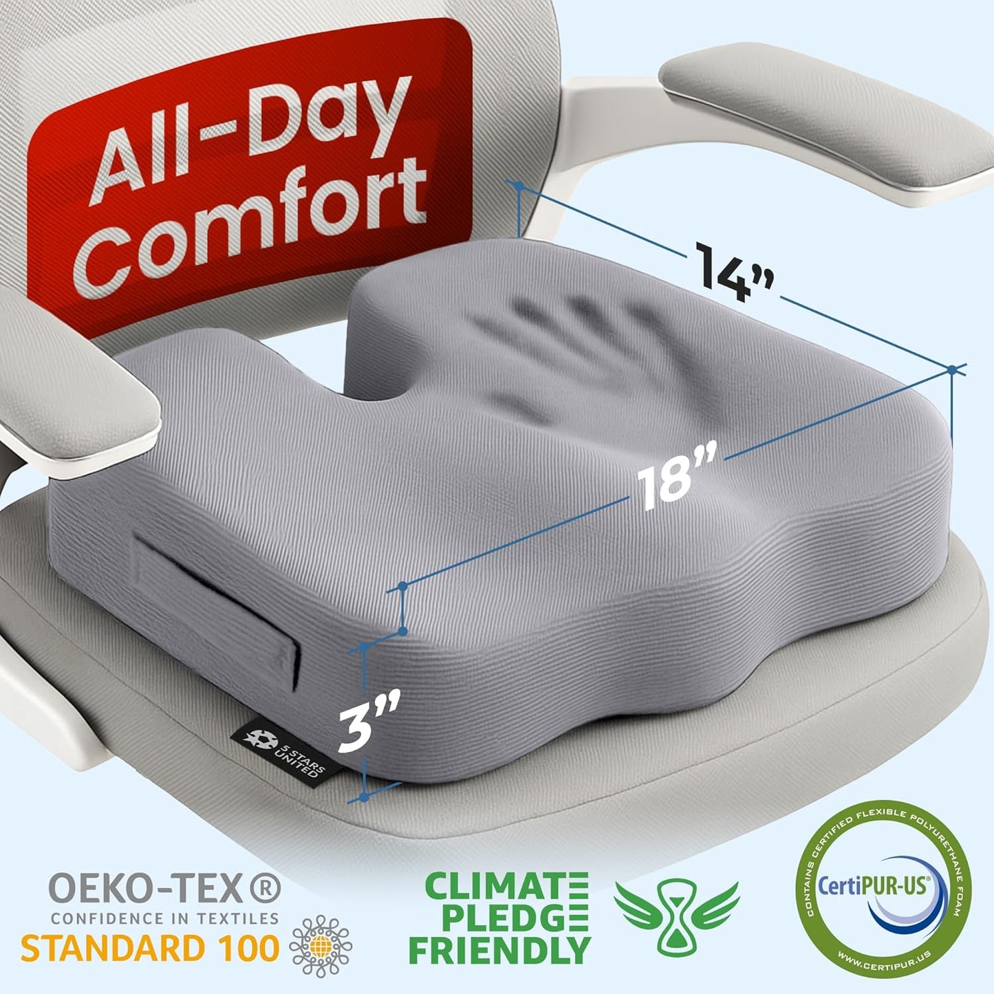 5 STARS UNITED Seat Cushion for Tailbone Pain Relief – Memory Foam Lifting Pillow for Coccyx, Hip, Hemorrhoid, Sciatica & Post-Surgery Recovery – Wheelchair, Car, Desk, Gaming & Office Chairs, L Gray