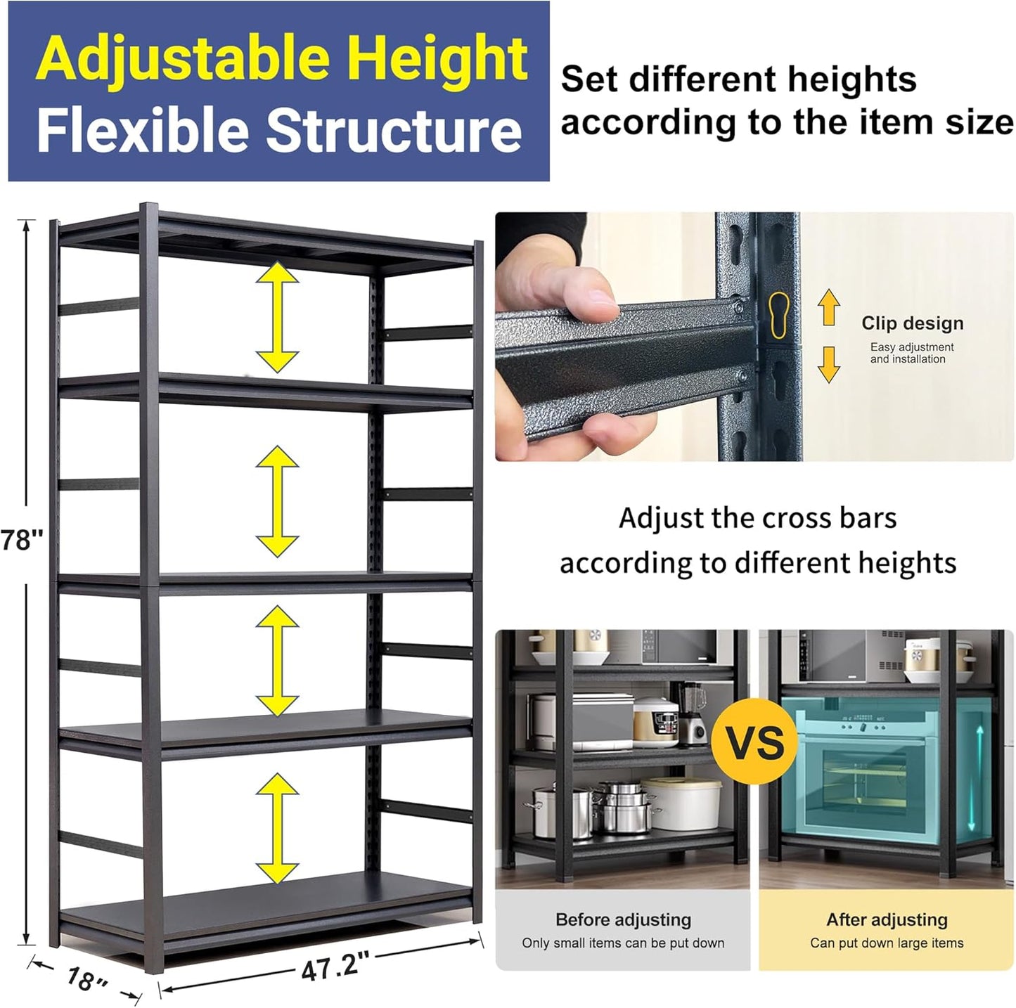 TOPKEY Metal Storage Shelf Garage Storage Shelves, Heavy Duty 5-Tier Utility Shelves for Garage, Kitchen, Warehouse, Adjustable Basement Storage Rack, Load 2500LBS, 78" H x 47.2" W x 18" D