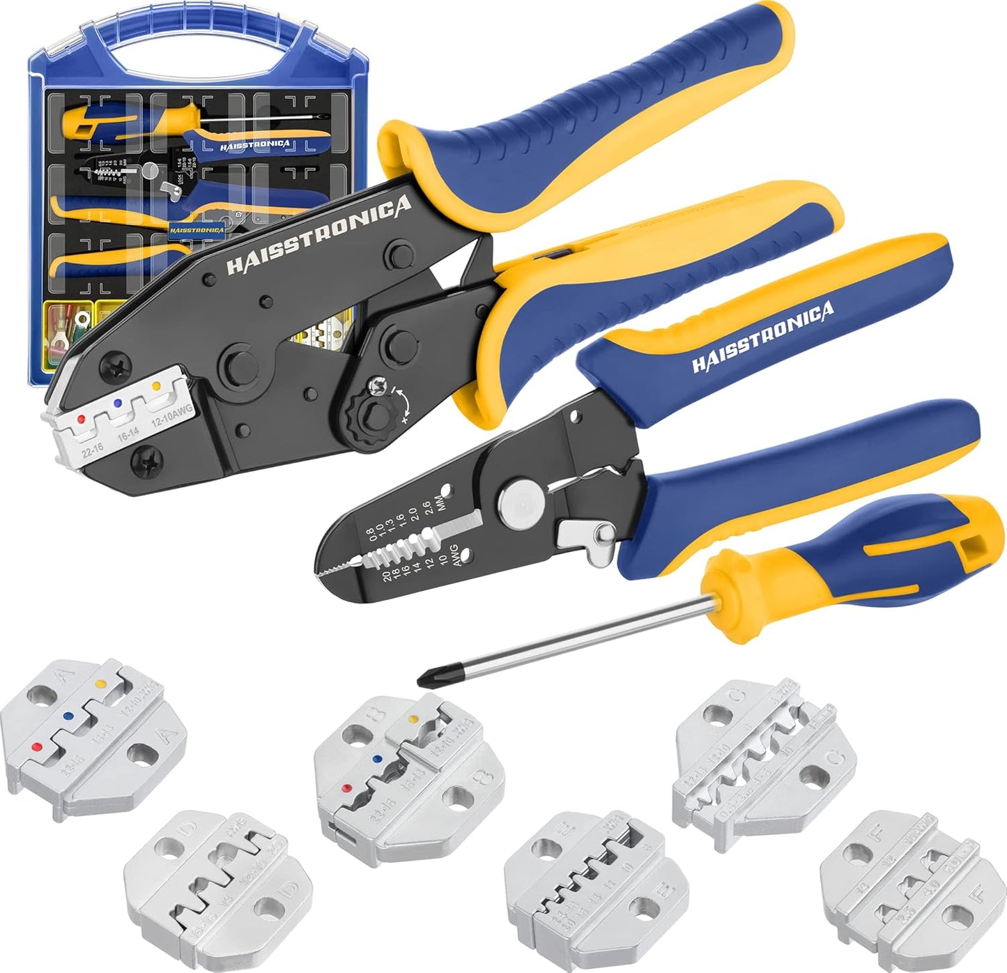 haisstronica Crimping Tool Set - 6PCS Crimping Die for Heat Shrink,Insulated Nylon,Non-Insulated,Ferrule Wire End,Open Barrel Terminals,Solar Connectors - with Wire Stripper Tool and Screwdriver