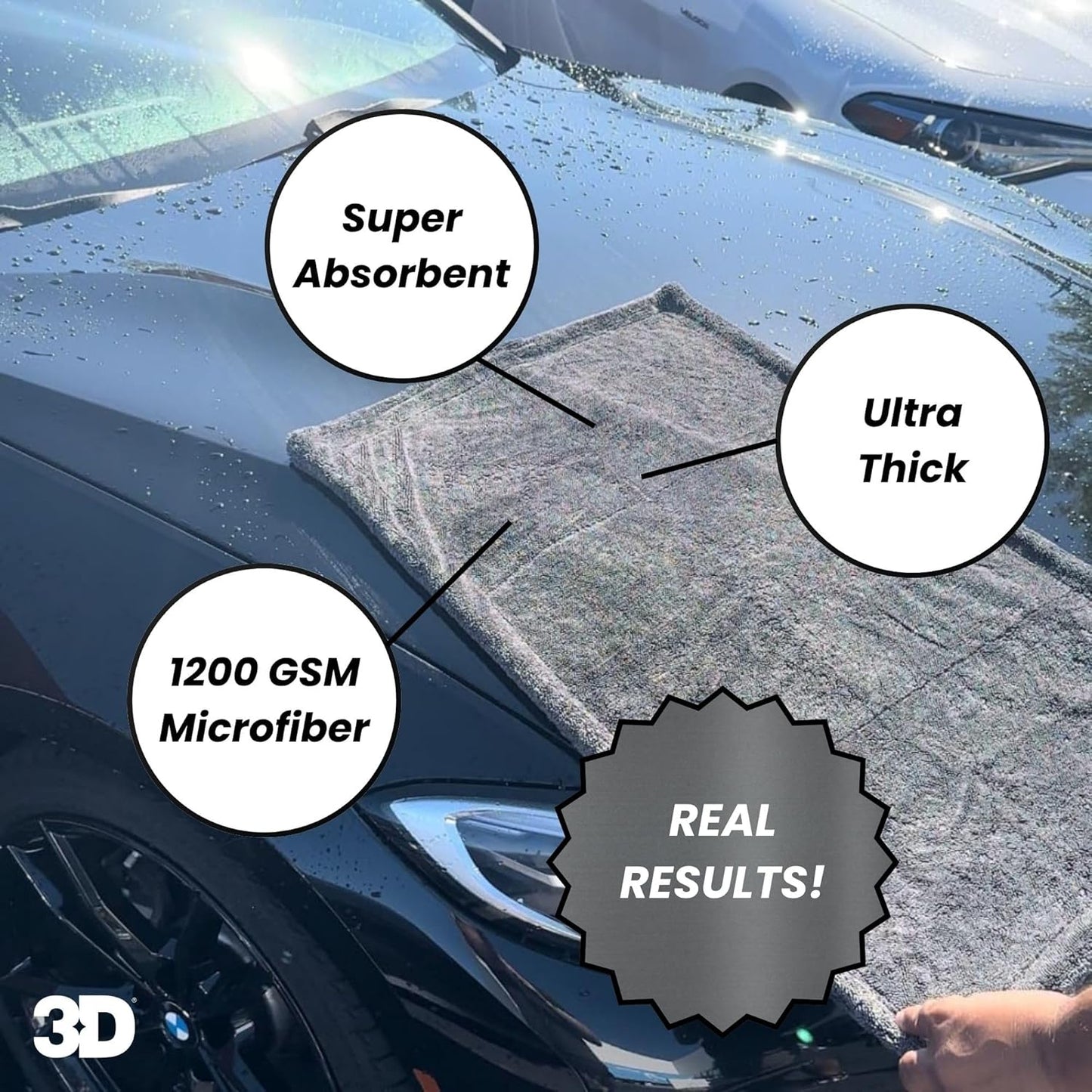 3D Hydro-FIL XL | Professional Grade Microfiber Towel | Extra Large 20” x 31.5” | Highly Absorbent | Premium Drying Cloth for Car Detailing (Grey)