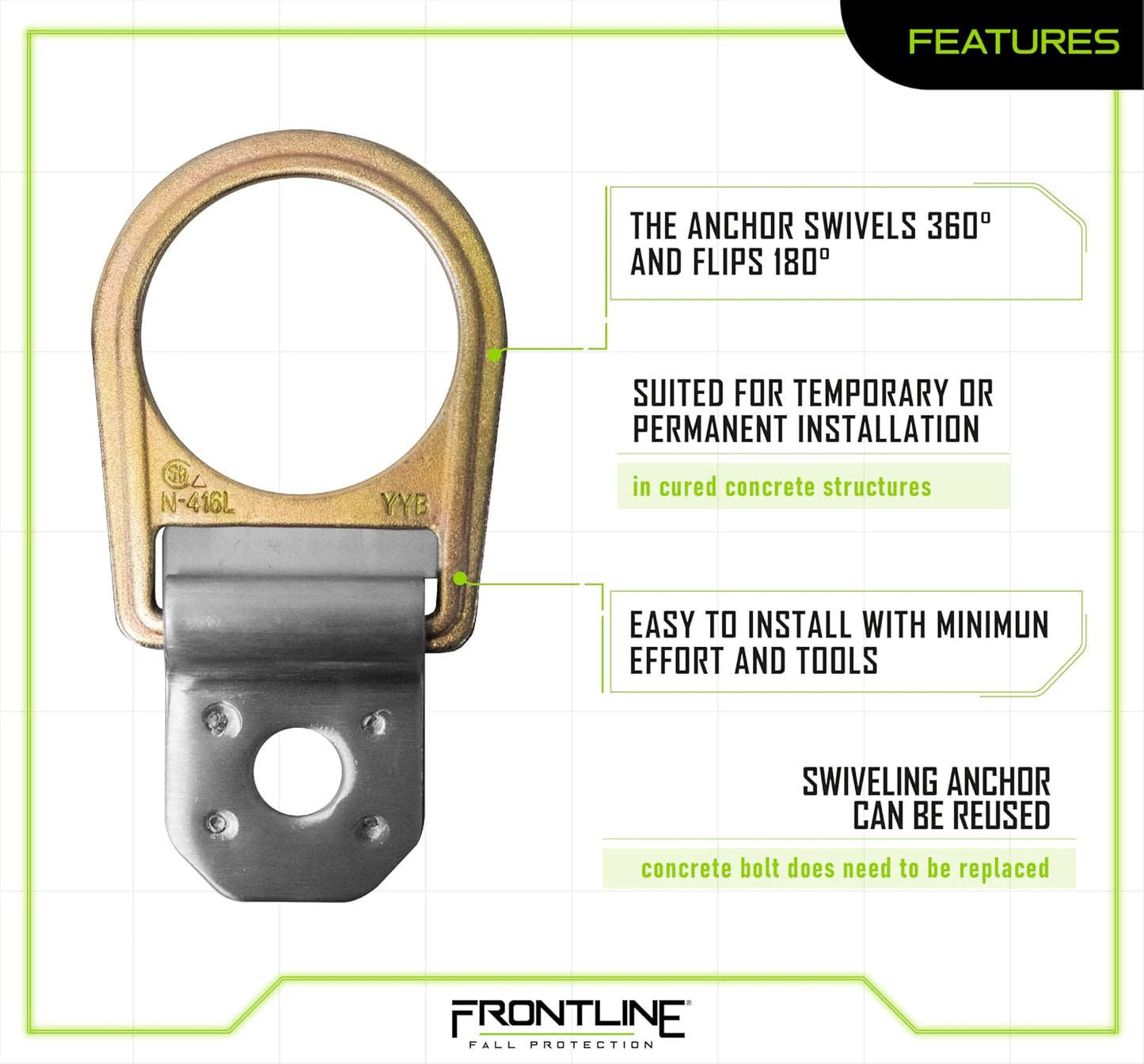 Frontline Fall Protection COB01SW Concrete Swiveling Anchor | Anchor swivels 360 degrees and flips 180 degrees | Easy and quick to install | OSHA & ANSI Compliant