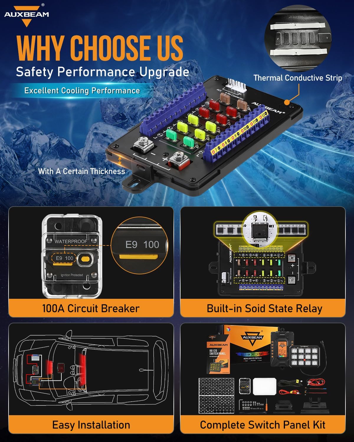 Auxbeam 12 Gang Switch Panel RB120 Toggle Momentary Pulsed RGB Dimmable Switch Panel Multifunction Two Sided Output Marine Control Panel IP65 Waterproof for Car Boat RV, 2 Years Warranty