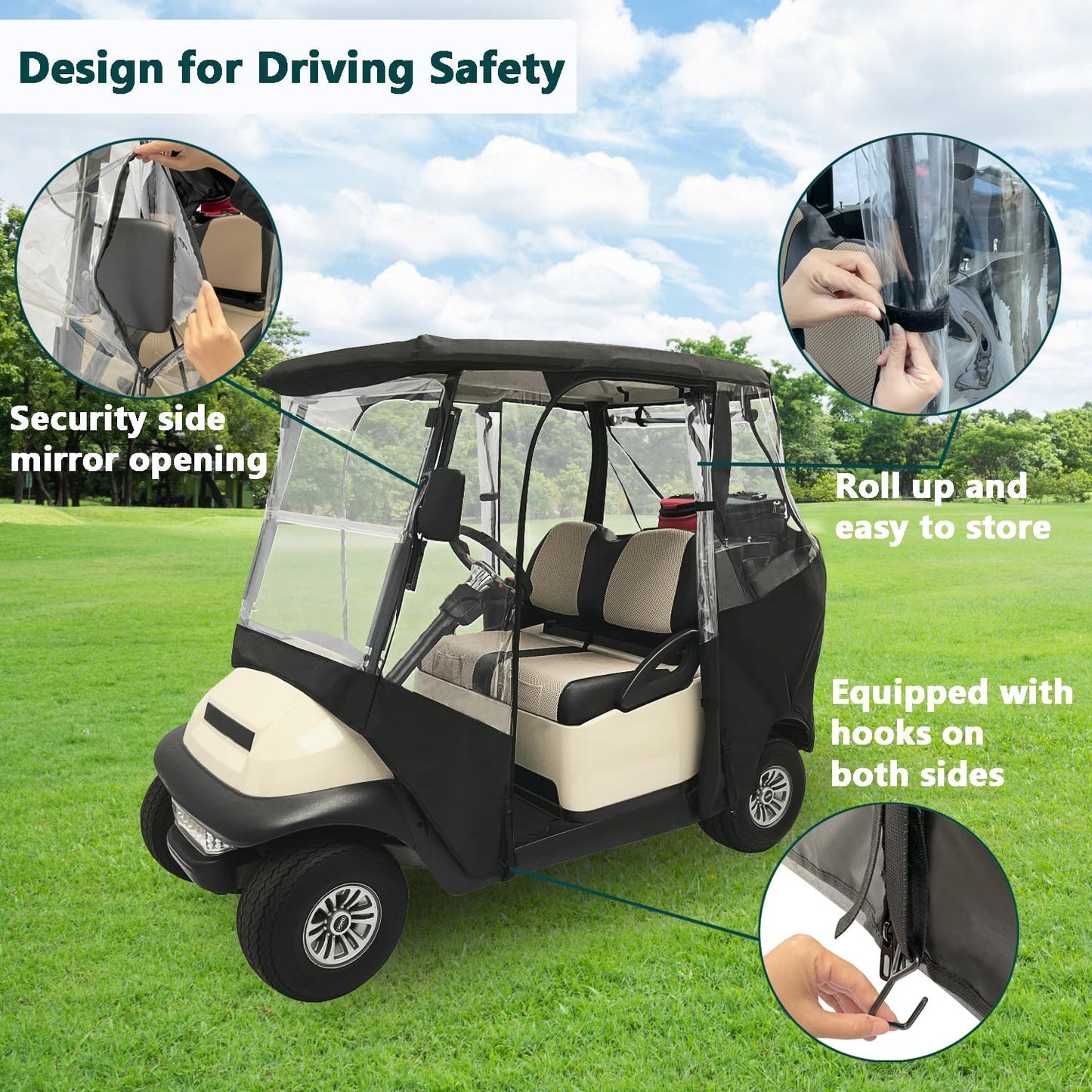 Golf Cart Enclosure 2 Passenger for Club Car Precedent Tempo Onward 2-Seater Waterproof Transparent Driving Rain Enclosure Cover with 4-Sided Clear Windows Mirror Zipper Roll-Up Door Black