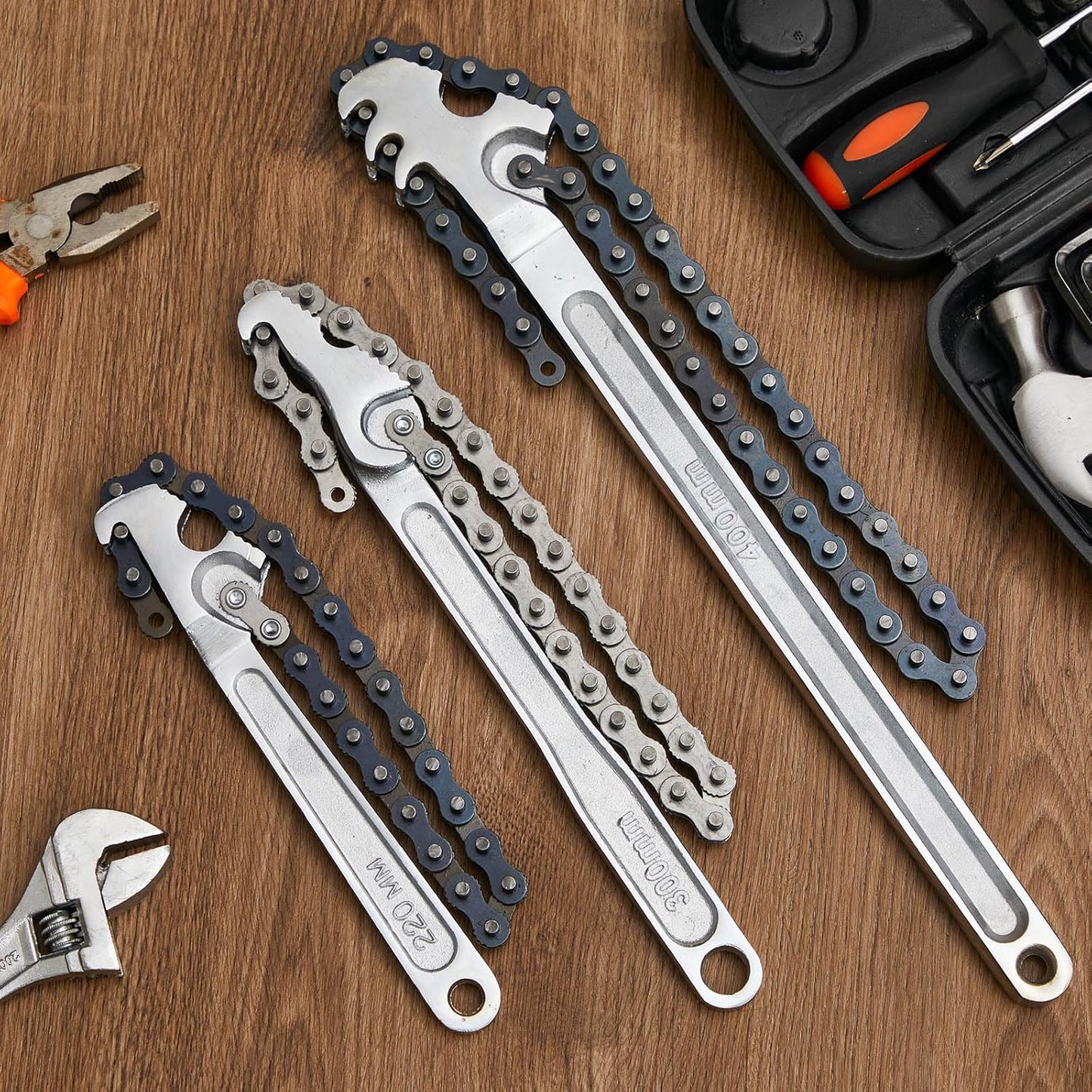 Lasnten 3 Pcs Large Reversible Chain Oil Filter Wrench with 12 16 9 Inch Chain Wrench Adjustable Heavy Duty Carbon Steel Sturdy Pipe Fitting Tool Spanner for Ratcheting Universal(Silver)