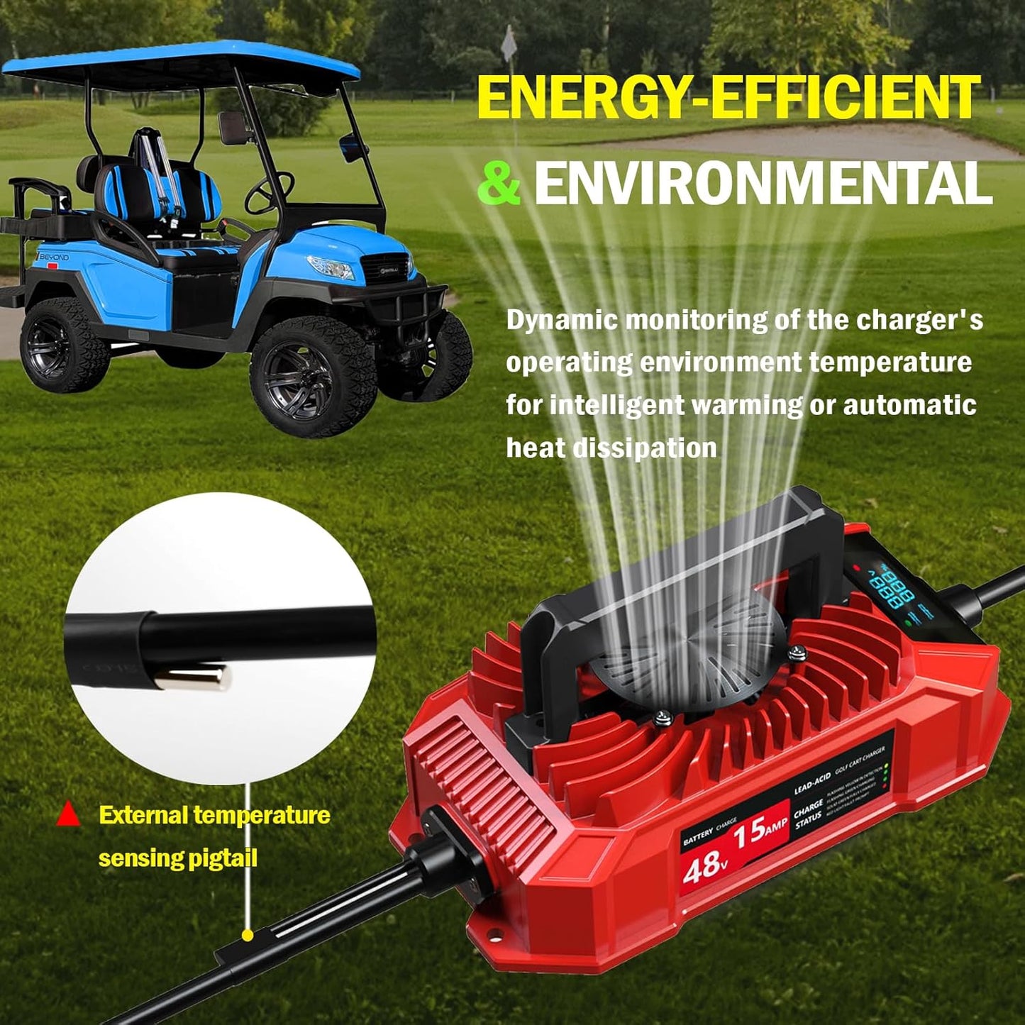 Golf Cart Charger 48 Volt Club Car with LED Visual Charging Display, IP67 15A Golf Cart Battery Charger for Club Car Precedent & DS Lead Acid Battery, 3-Pin Round Plug Cable, Club Car Accessories, Red