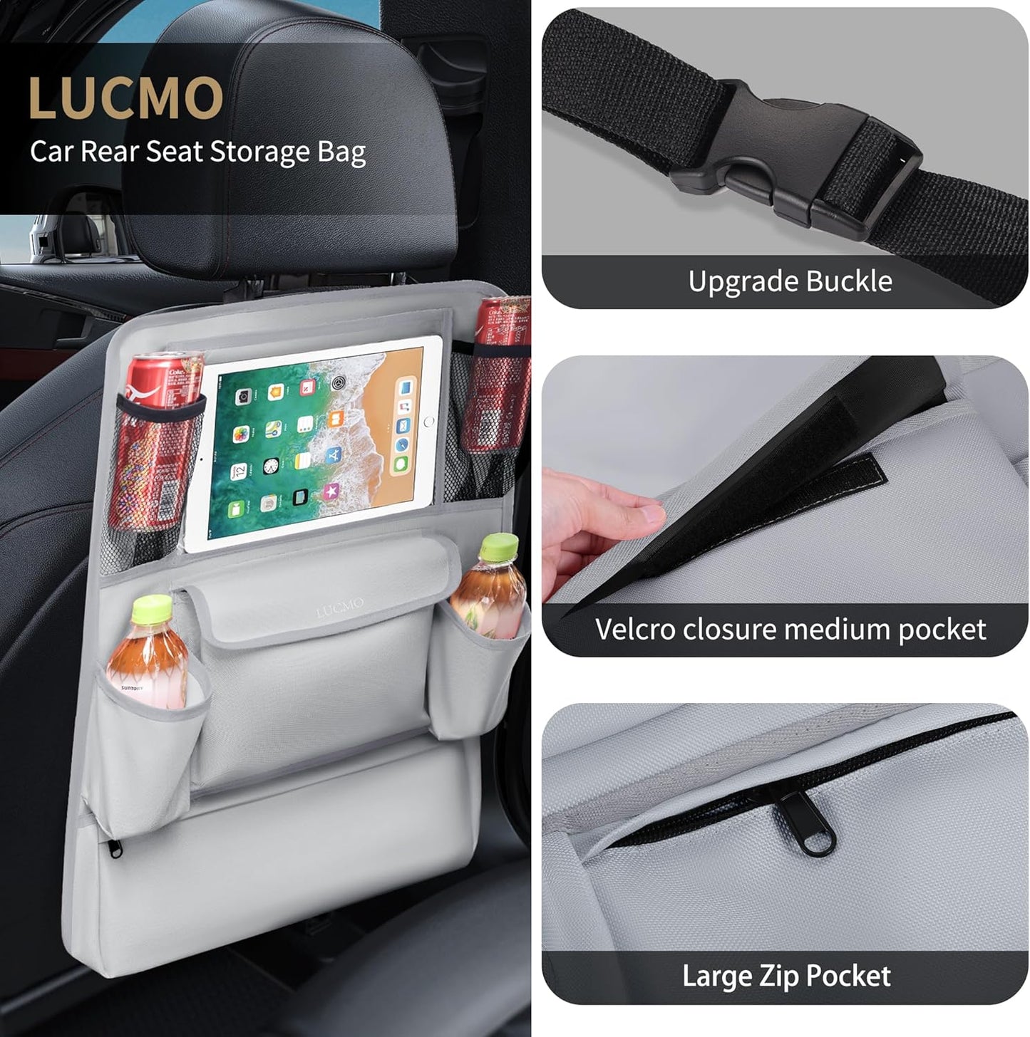 LUCMO Car Backseat Organizer with Touch Screen Tablet Holder,9 Storage Pockets Car Storage Organizer,Protectors Kick Mats Travel Accessories for Kids-Grey