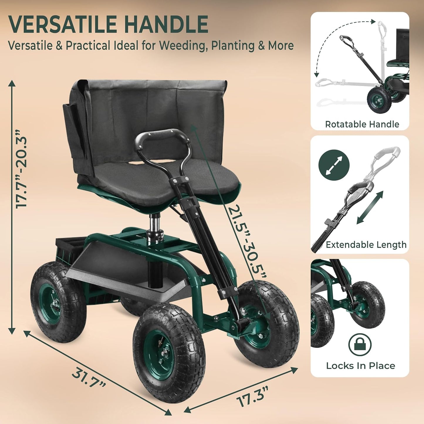 Garden Seat with Wheels – Adjustable 360° Swivel Gardening Stool with Hydraulic Height Adjustment, Ergonomic Backrest, and Tool Storage – Rolling Stool for Garden, Yard, and Outdoor Use