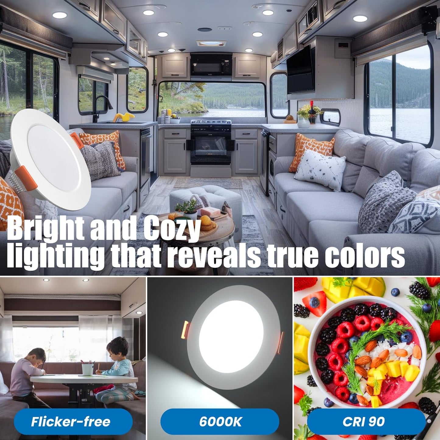 12 Volt 3 Inch Ultra Thin LED Recessed Ceiling Lights for RV Interior 3W 6000K 12V LED Downlights Dimmable RV Puck Lights for Camper Van Boat Under Cabinet Lighting, 6Pack