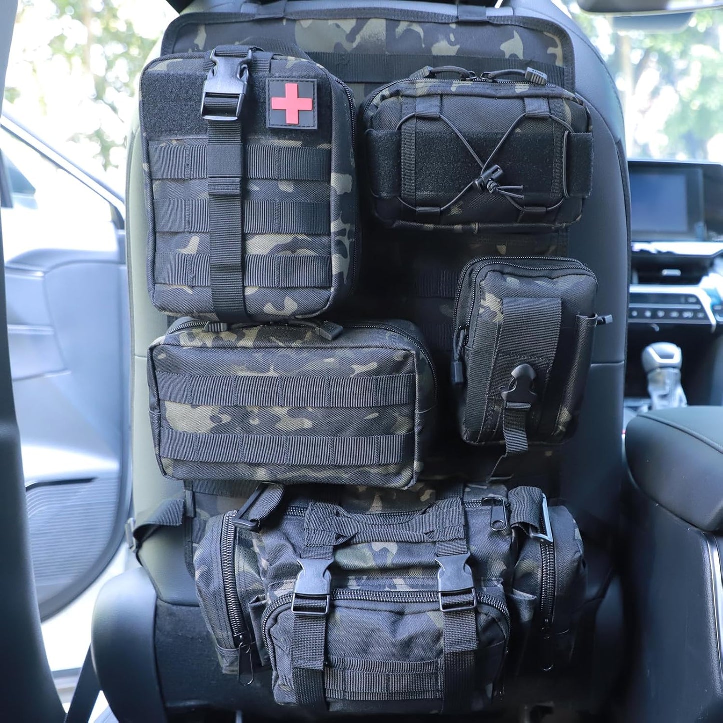 Universal Tactical Seat Back Organizer Vehicle Molle Panel Organizer Storage Bag with 5 Detachable Molle Pouch for All Vehicel Such as Jeep,Truck,SUV, Car, Ford,Chevy etc