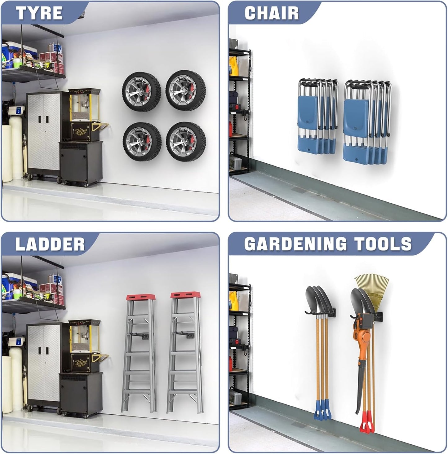 WALMANN Wall Mounted Garage Hooks, Heavy Duty 12-inch Tool Hooks for Hanging, Tool Hangers for Car Tires, Ladders, Folding Chairs, Strollers, Garden Tools (Pack of 4)