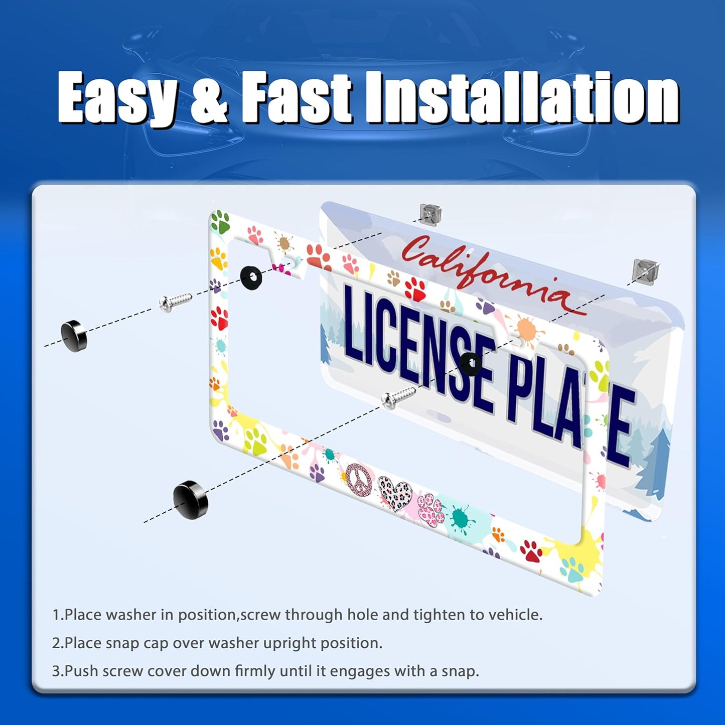 Dog Cat Paw License Plate Frame Colorful Paws License Plate Stainless Steel Funny License Plate Holder for Men Women Universal Animals Car Accessories Decoration 12.3" x 6.3"