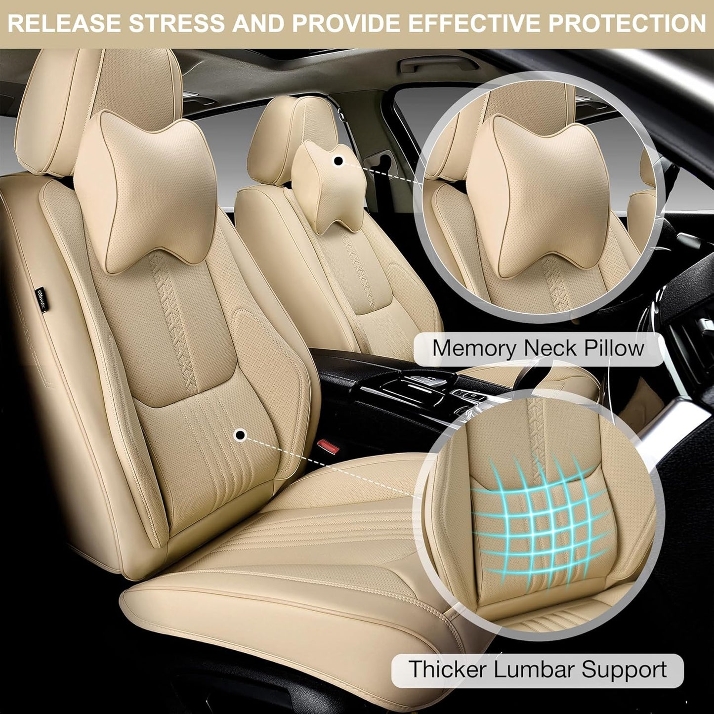 Car Seat Covers Full Set, Front and Rear Seat Covers for Cars, Waterproof Leather Auto Seat Protectors with Head Pillow, Car Seat Cushions Fit for Most Sedans SUV Pick-up Truck, Beige