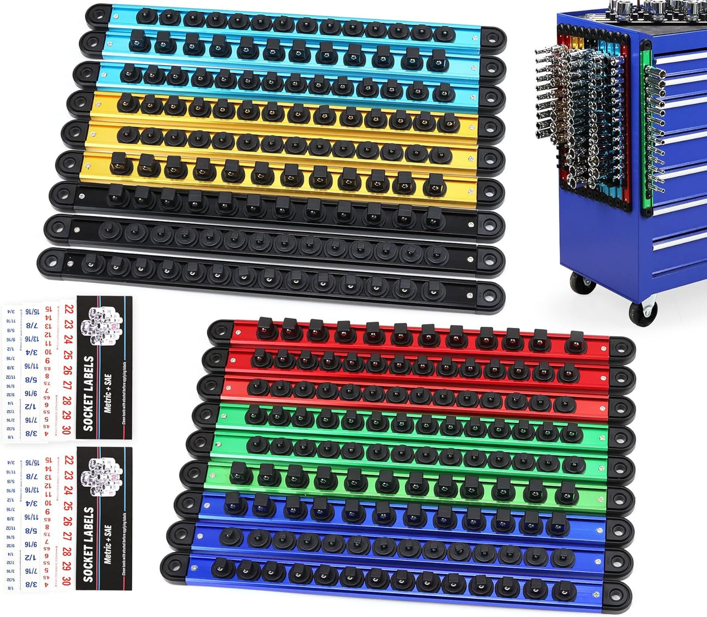 18-Piece Magnetic Socket Holder Organizer Set (Holds 240 Sockets), Heavy Duty 1/2, 3/8, 1/4-Inch Socket Racks Premium Quality Socket-Clip Rail Holder Aluminum Sockets Rack Kit for Tool Box Drawer