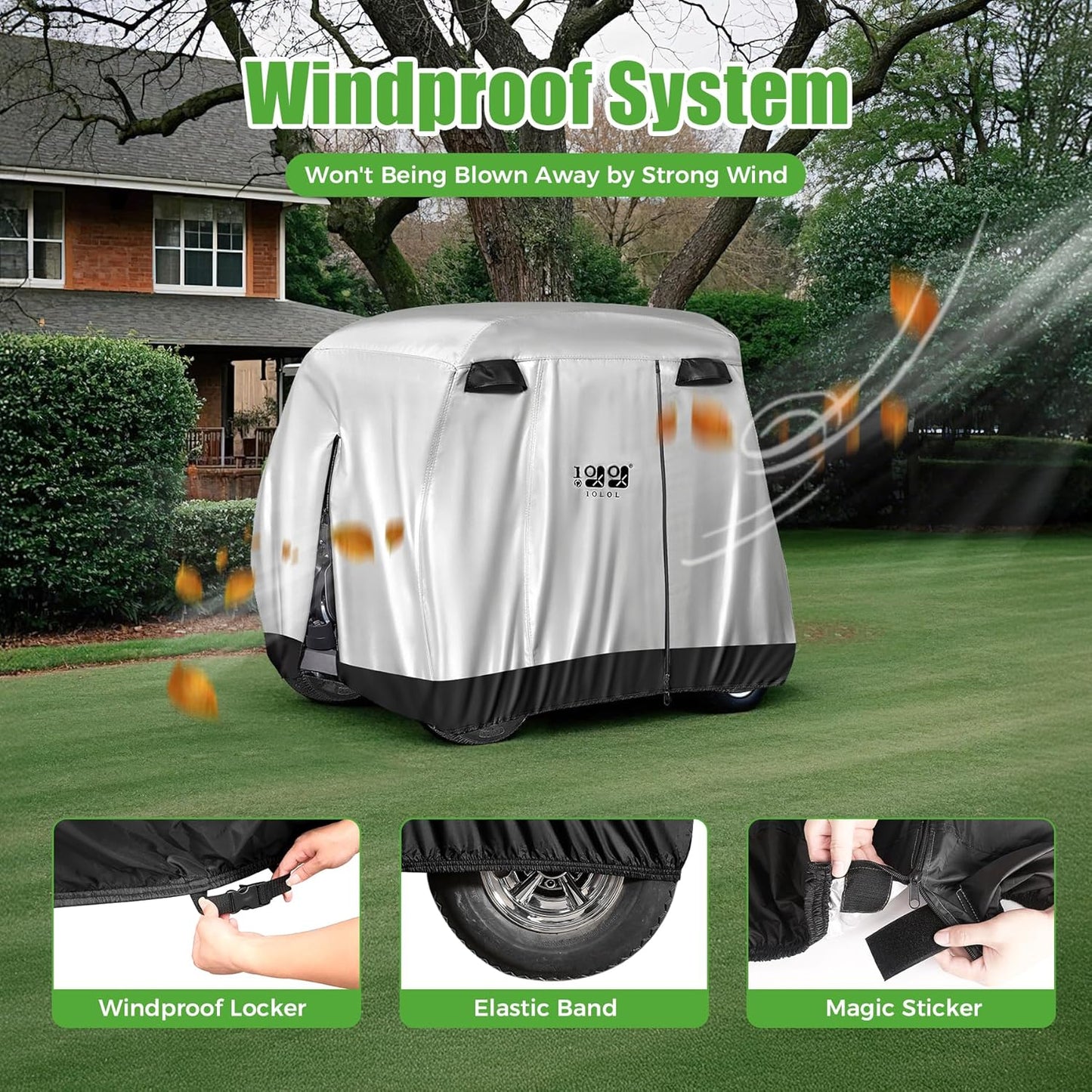 10L0L 4 Passenger Golf Cart Cover for Yamaha EZGO Club Car, 400D Polyester All-Weather Waterproof Golf Cart Storage Cover with Three Zipper Doors-Silver