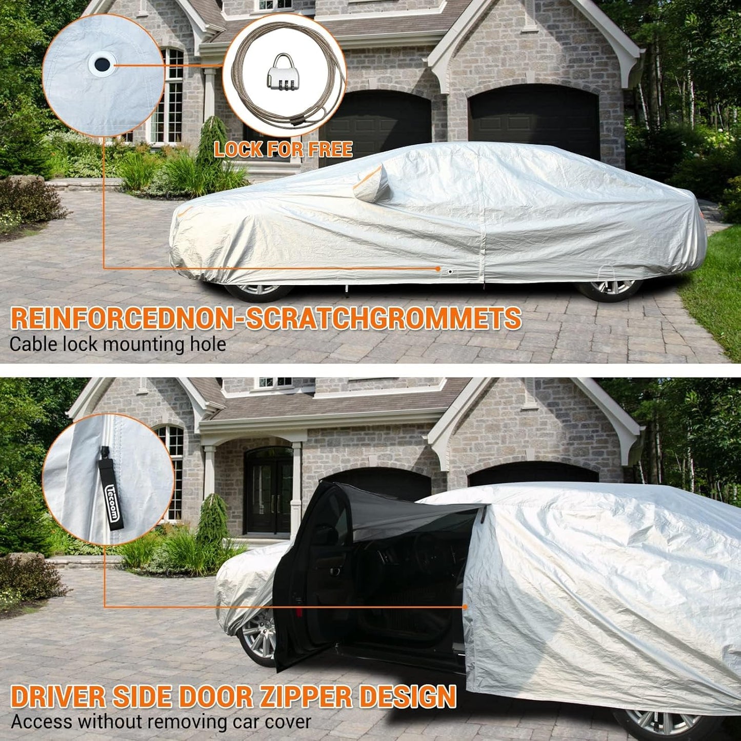 Tecoom Car Cover Waterproof All Weather, 3 Layers Car Covers for Automobiles, Fleece Lining with Zipper Door Lock Full Exterior Covers, Wind Rain Snow Sun Hail Protection Fit for Sedan (191-200 Inch)