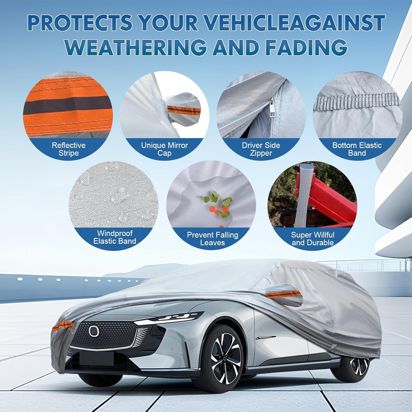 KEYOOG 6-Layer Full Car Cover is All-Weather Waterproof, Universal in All Seasons, Snow Prevention, Rainproof, Acid Rainproof, Sunscreen, Ultraviolet-Proof, Fit SUV 205"-216" Orange Reflective Strip