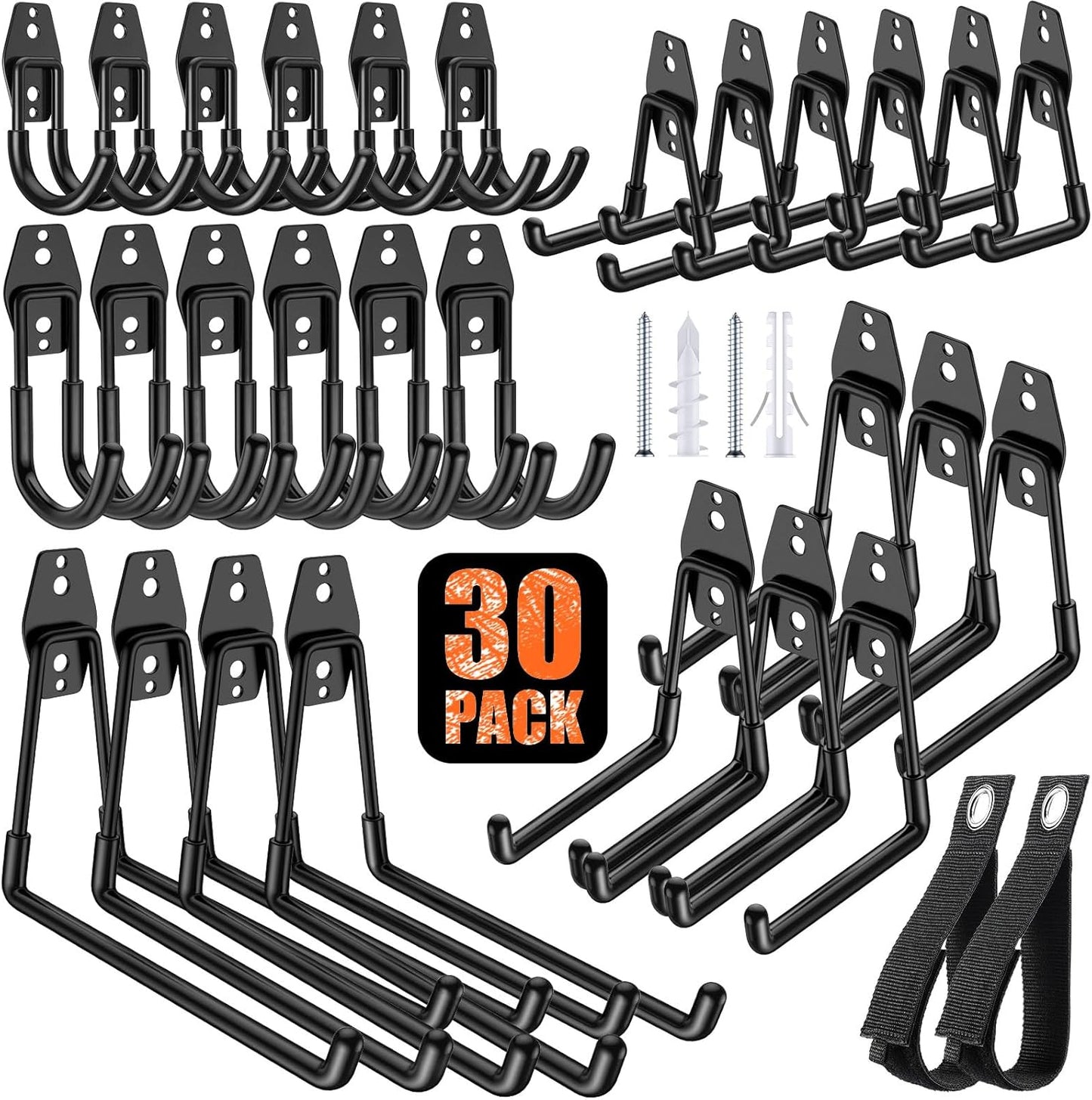 30 Pack Heavy Duty Garage Hooks,Solid Steel Wall Mount Hangers,with Anti-Slip Coating,for Hanging and Organising Ladder,Bike,Ropes,Broom,Garden,Yard and Power Tools