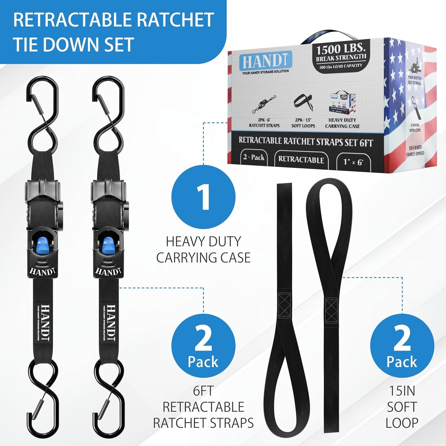 HandT USA Based Retractable Ratchet Straps (2PK) 1in x 6ft - 1,500lb Break Strength, Heavy Duty Automatic Ratchet Straps Self Retractable Tie Down, Push Button Retracting Truck Trailer Cargo | Black