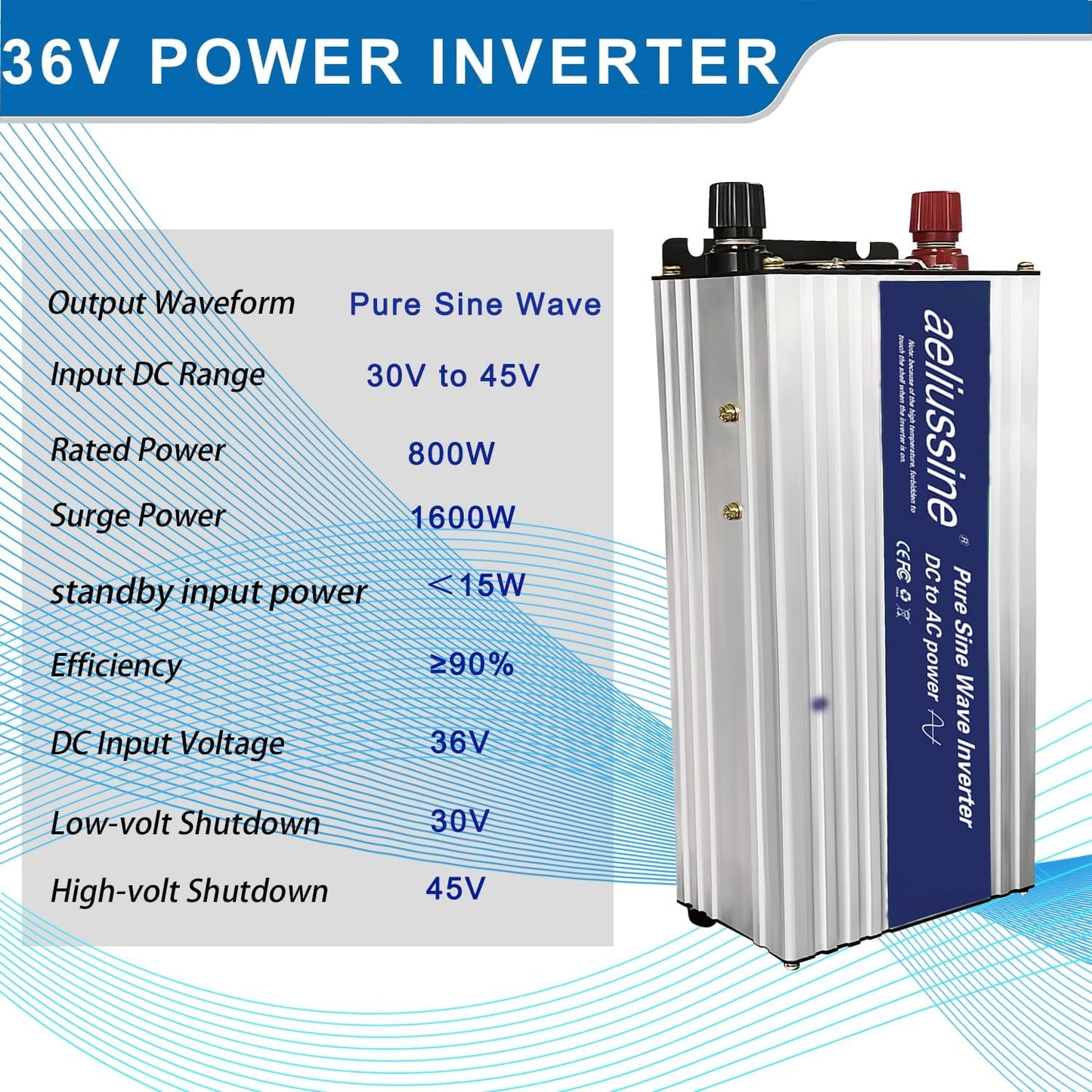 800W Pure Sine Wave Inverter-36V DC to 110V 120V AC Power Converter with 2 AC Outlets, 36 Volt Power Inverter for Truck, Rv, Camping, Home, Emergency Power