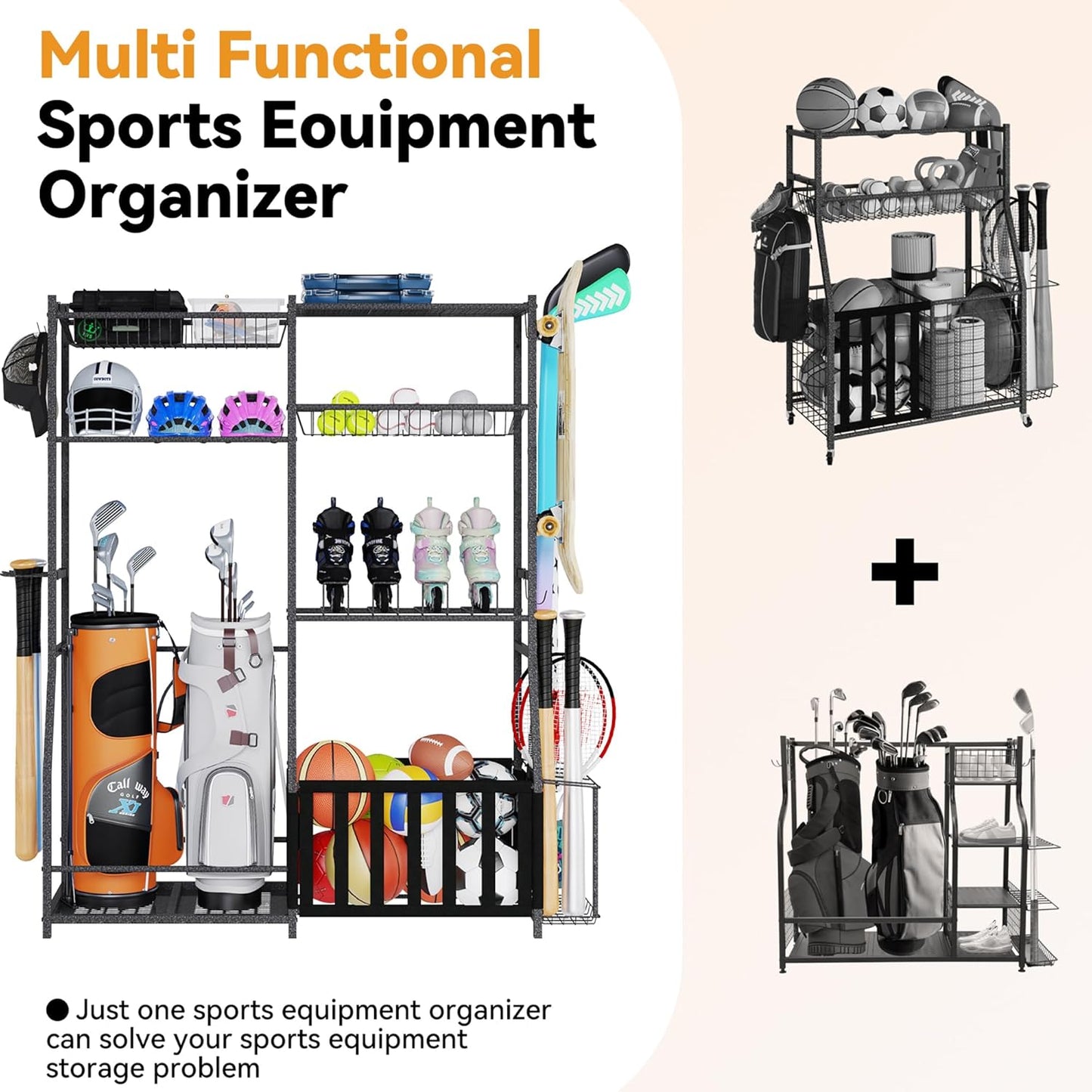 HOMREST Sports Equipment Storage,2 Golf Bag Storage Stand, Ball Holder, Garage Sports Organizer with Basket and Hooks, Sports Ball Storage for Toy Sports Gear Storage, Black