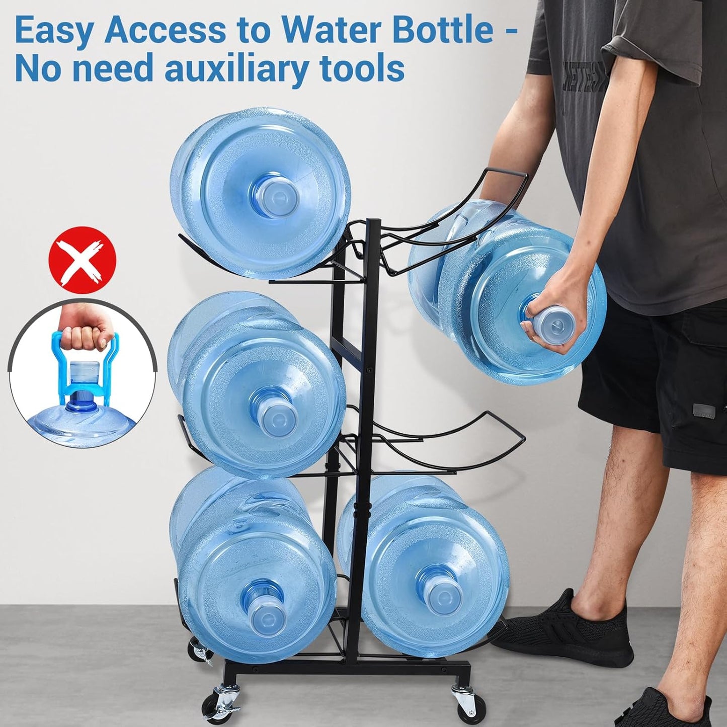 5 Gallon Water Jug Holder with 4 Wheels, Movable Heavy Duty Foldable Water Jug Stand 3-Tier 5 Gallon Water Bottle Holder Water Cooler Jug Storage Rack for 6 Bottles(Black)