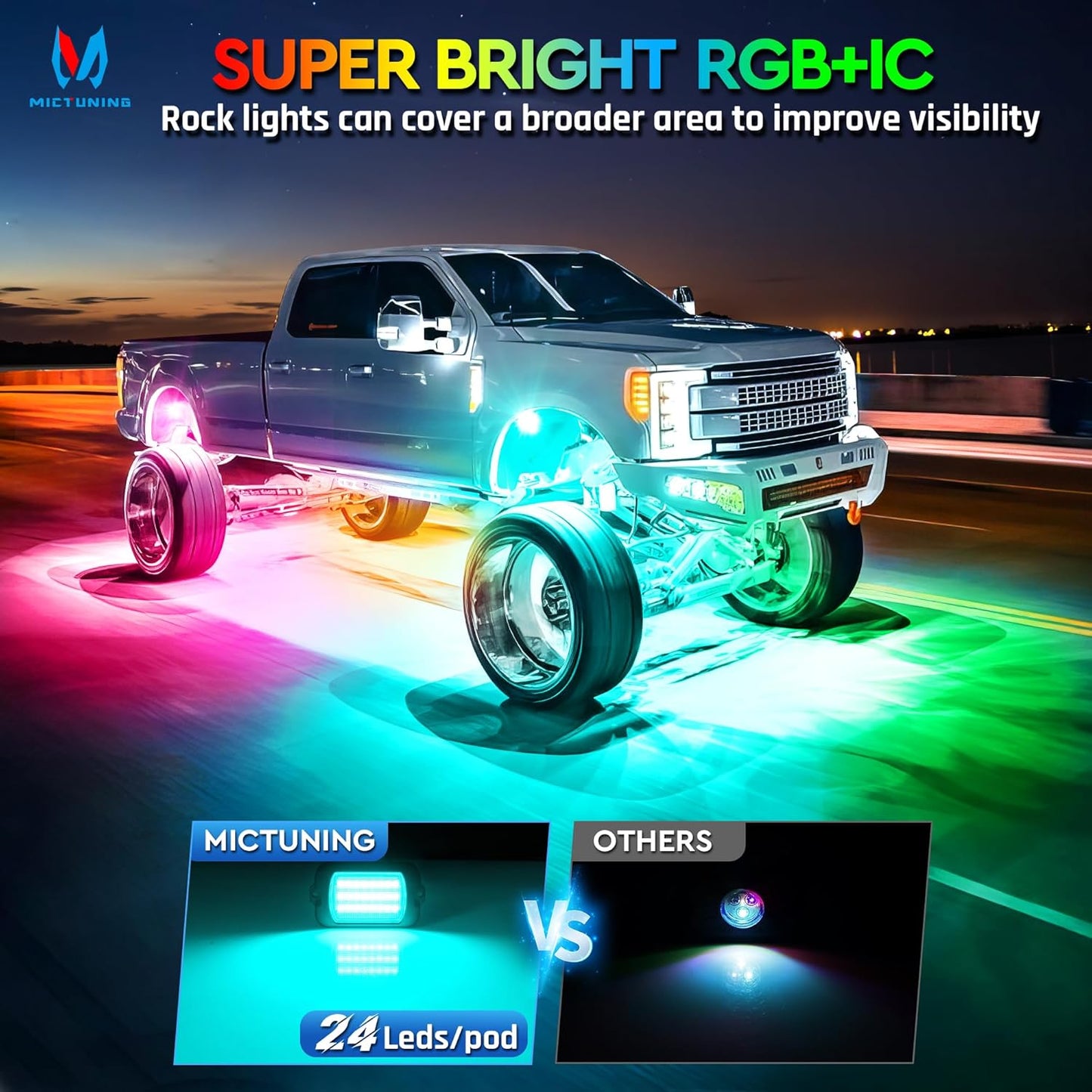 MICTUNING 2025 1000% Bright Q1 MAX RGB+IC Rock Lights, 20 Pods Chasing Dreamcolor Extensible Underglow Multicolor Neon Light Underbody Lighting Kit with APP Control for Truck ATV UTV Boat