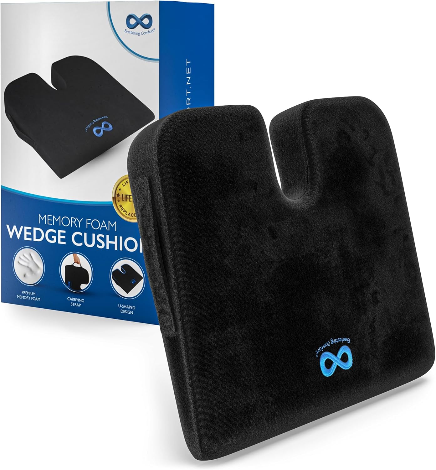 Everlasting Comfort Memory Foam Car Seat Cushion - Tailbone Pain Relief, Driving Seat Cushion for Short People - Office, Wheelchair, Gaming Chair, Travel - Non-Slip, Washable Cover