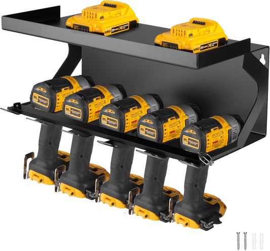 Metal Power Tool Organizer Wall Mount - 5 Drill Holder Cordless Powertool Dock, Enclosed Utility Trailer & Garage with Locking Rack