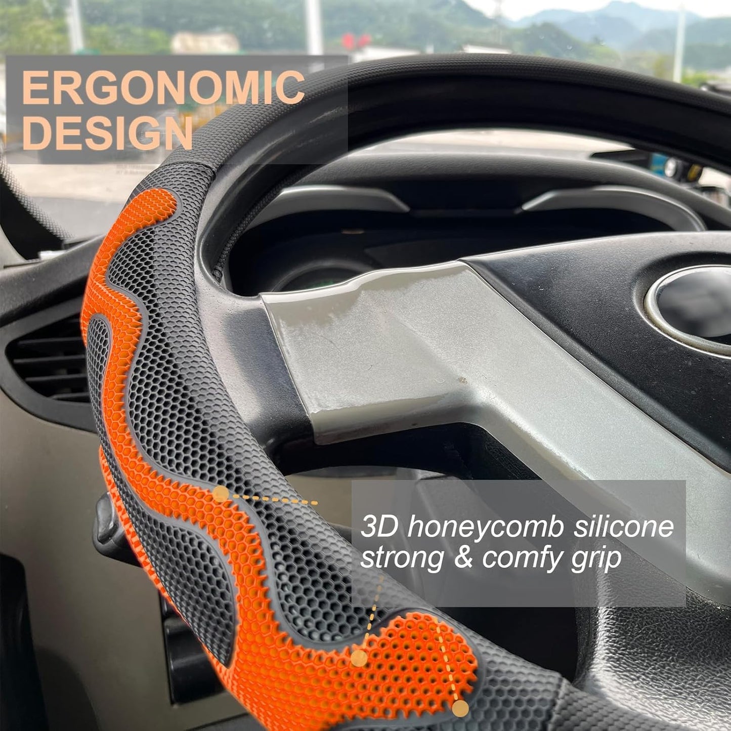 PINCTROT XL Size 17.5-18 Inch Comfy Grip Steering Wheel Cover for Semi Truck, Fits RV, Big Rig Trucker, 18 Wheeler and Classic Cars, Anti-Slip Design 17.5-18 Inch(Silicone Orange)