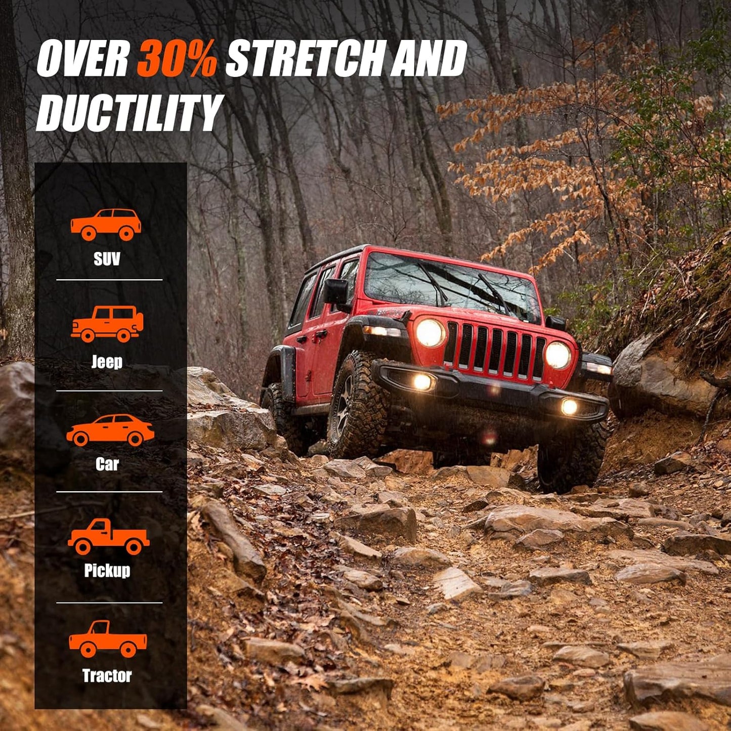 1" × 30ft Kinetic Recovery Tow Rope (48,000lbs), Heavy Duty Offroad Towing Straps Kit, Includes 2 Soft Shackles, Offroad Recovery Kit for UTV, ATV, Truck, Car, Jeep, Tractor (Orange)