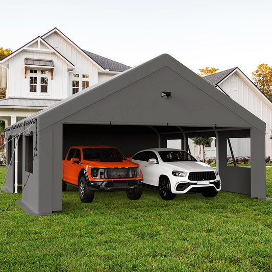20x20 Carport, Heavy Duty Carport Canopy Garage with Removable Sidewalls and Drive Through Roll Up Zipper Doors & Side Doors, Grey