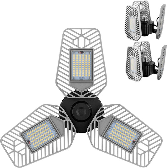 2-Pack Deformable LED Garage Ceiling Lights, 9000 Lumens, 82W CRI 80, Adjustable Shop Lighting (No Motion Activated)