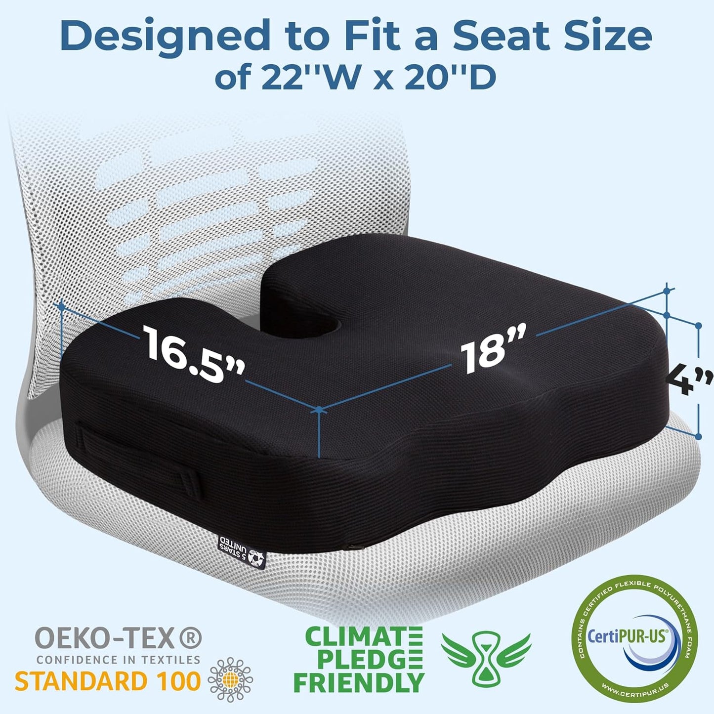 5 STARS UNITED Seat Cushion for Tailbone Pain Relief – Large Memory Foam Lifting Pillow for Coccyx, Hip, Sciatica & Post-Surgery Recovery – Wheelchair, Car, Desk, Gaming & Office Chairs, Black