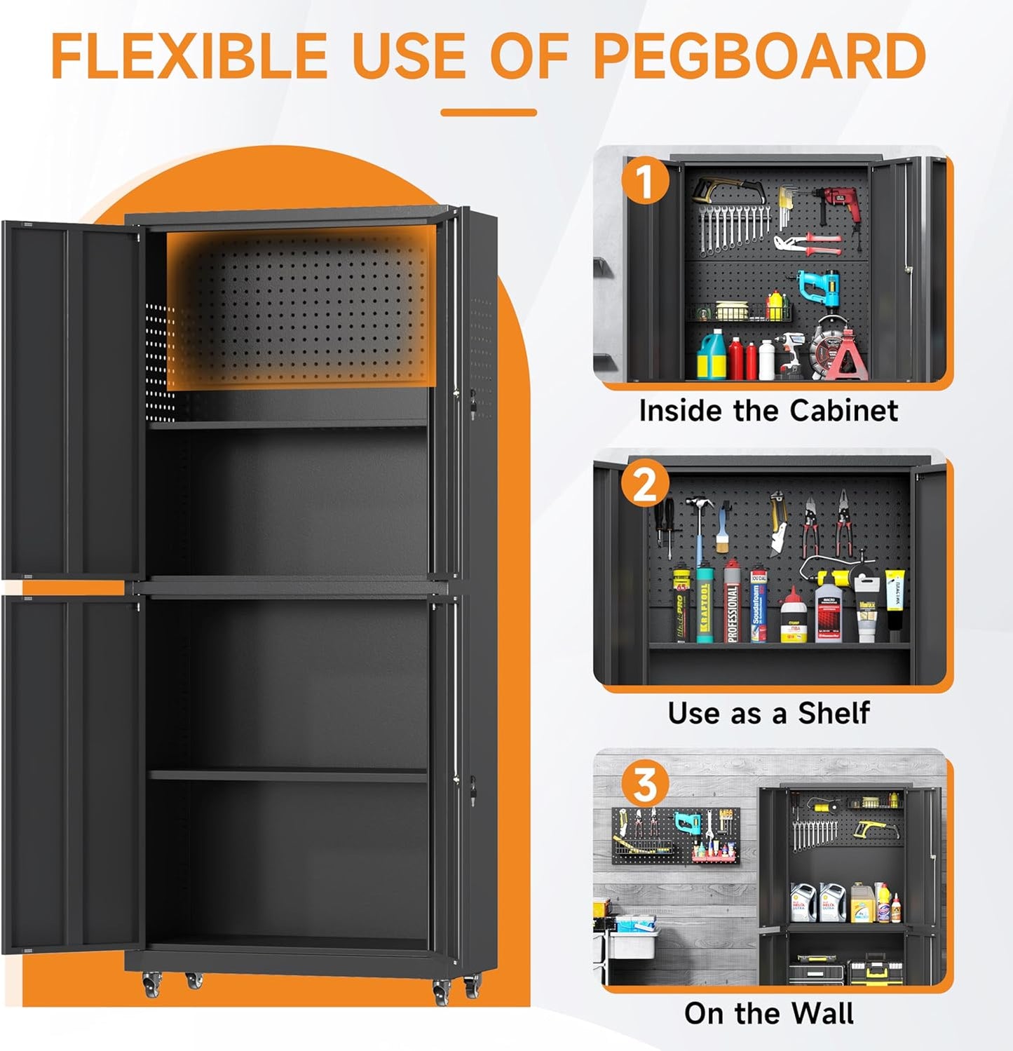 71" H Metal Tool Storage Cabinet with Lock and Wheels, Heavy Duty Garage Cabinet with 4 Doors and 2 Adjustable Shelves, Tool Organizer with Pegboard for Garage, Warehouse(Black, 71" H)