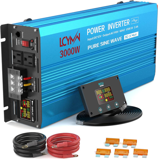 3000 Watt Inverter Pure Sine Wave DC 12V to 110V AC Power Inverters with 3 AC Charger Outlets, Car Inverter Solar Power Inverters for Vehicles Home with LCD Display and 2.4A USB Charging Ports