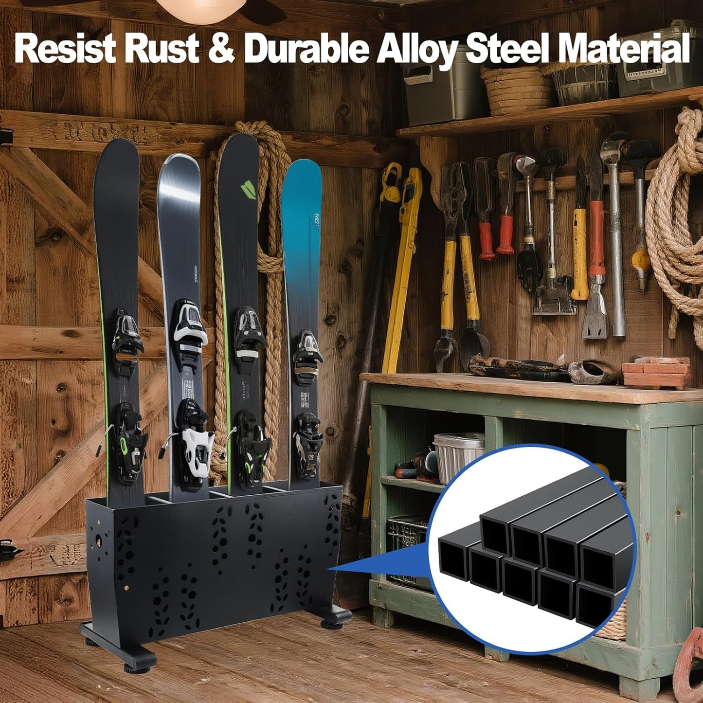 Freestanding Ski Storage Rack for 4 Pairs, Floor Stand Ski Organizer Rack, Heavy Duty Alloy Steel Ski Holders Ski Organizer, Freestanding Ski Organizer for Garage Basement