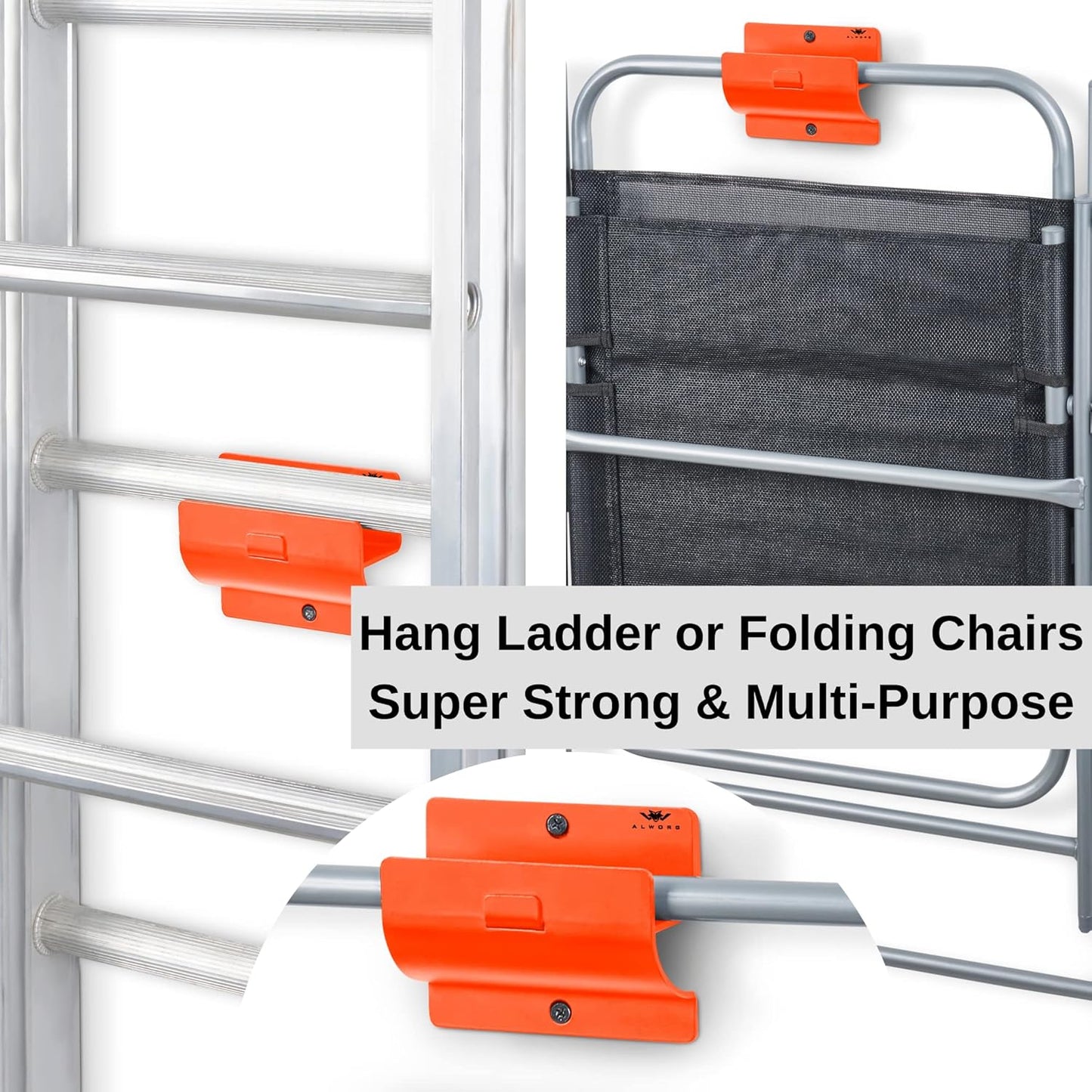 Orange Garage Storage Hooks - Heavy Duty Ladder Wall Mount, Wheelbarrow Hanger, Tool Holder, Hanging Brackets for Ladders, Folding Chairs