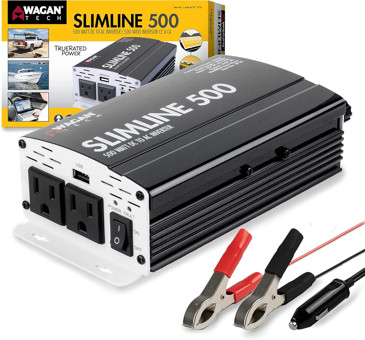 Wagan 3716 500W Slim Line AC to DC Inverter 500W TrueRated 1000W Surge Power Inverter