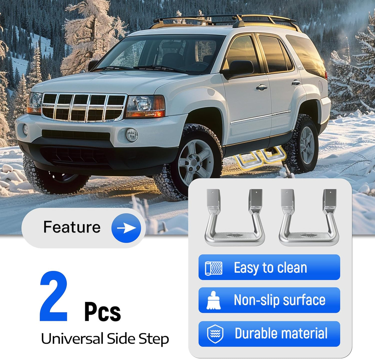 Kojem 2Pcs Silvery Aluminum Universal Side Step Compatible with Chevy Chevrolet GMC Ford Isuzu Mitsubishi Dodge Jeep Nissan Toyota Mazda Side Hoop Step Polishing