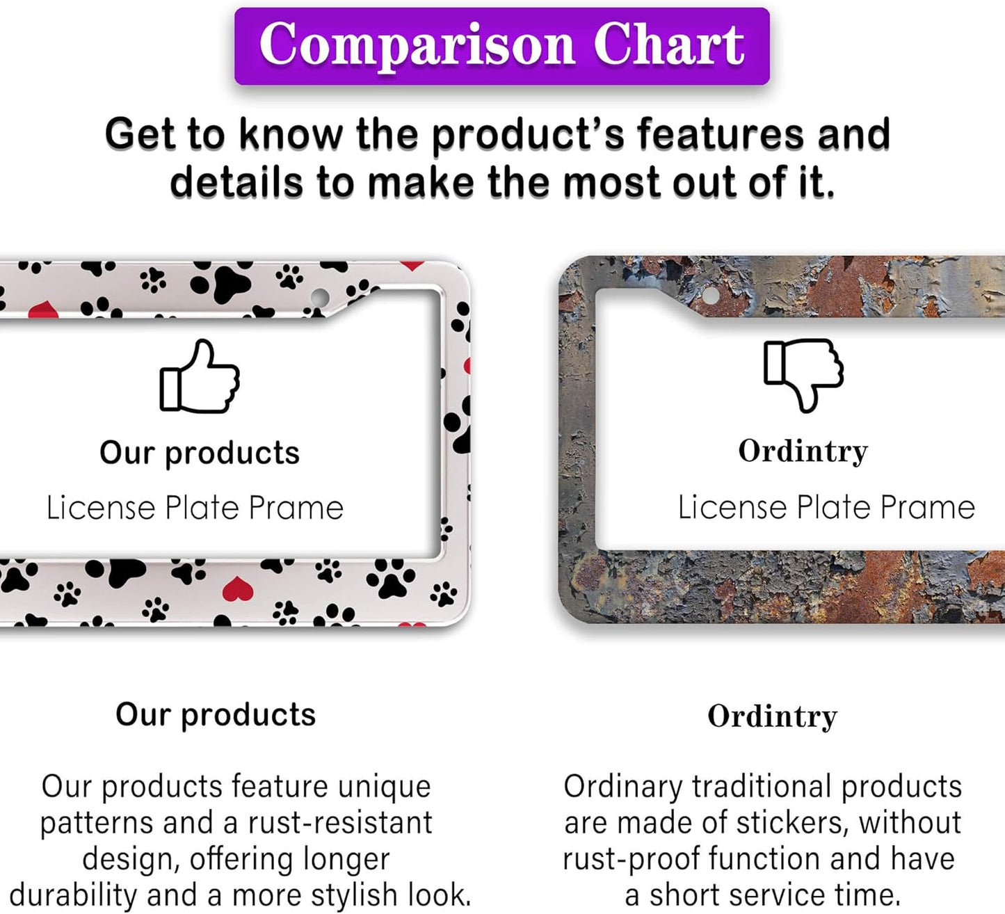 License Plate Frames Black, White, and Red License Plate Bracket Dog Footprints Universal Aluminum Car Accessory 2 Pack with Screw Covers Set