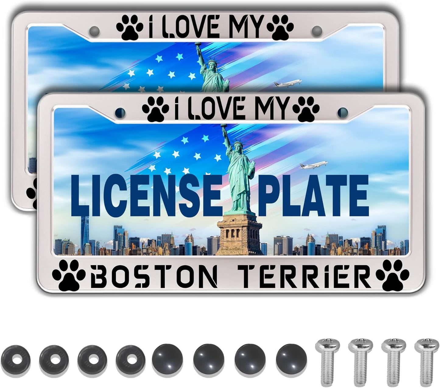 License Plate Holder Black and White License Plate Frames I Love My Boston Terrier Aluminum Metal Car Accessory 2 Pack with Screw Covers Set