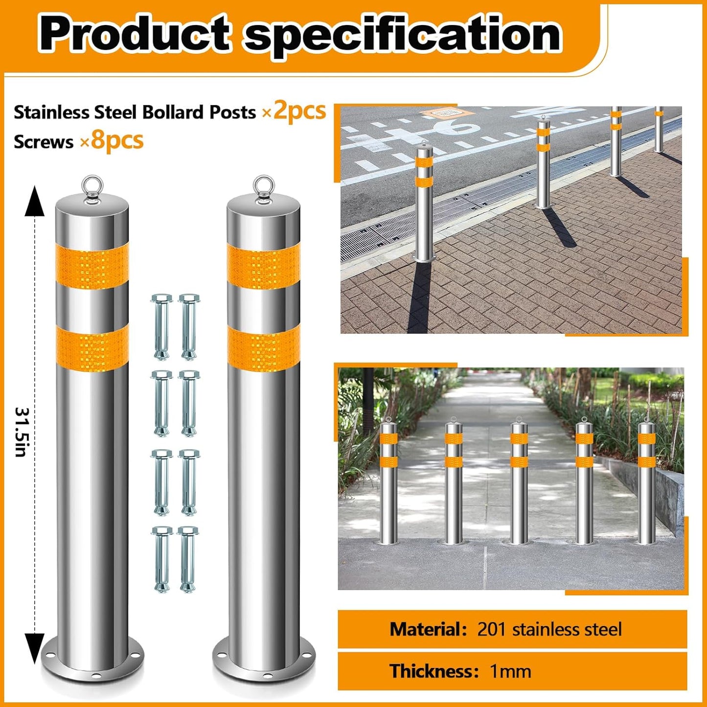 31.5 Inch Stainless Steel Bollard Post with Anchor Bolts Parking Barrier Block Safety Bollard Covers with Reflective Strips and Hanging Ring for Parking Lots Driveways Garage Pathways(2 Pcs)
