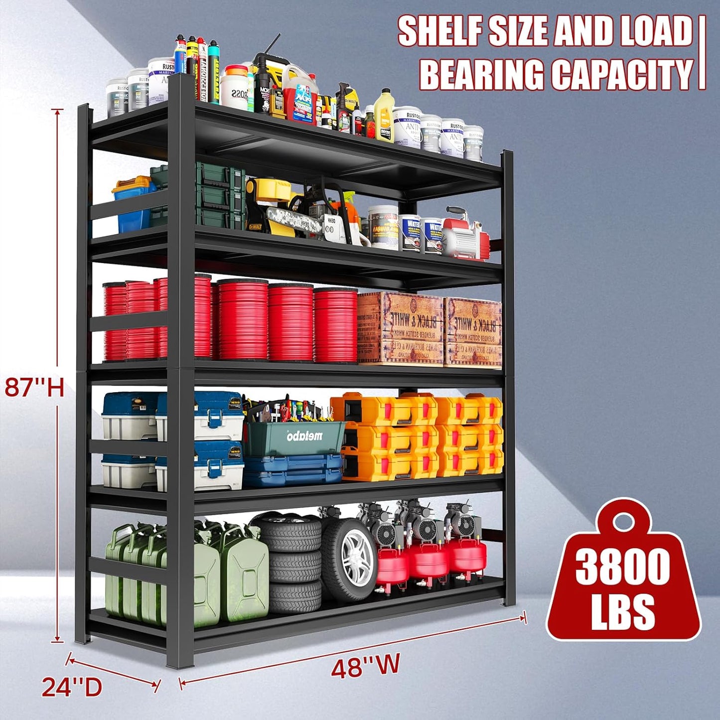 87" H,Heavy Duty 5-Tier Steel Garage Shelving Unit | 3800LB Capacity| Garage & Basement Storage | Industrial-Grade Metal Shelving for Warehouses & Workshops | Adjustable, Rust-Resistant, Black