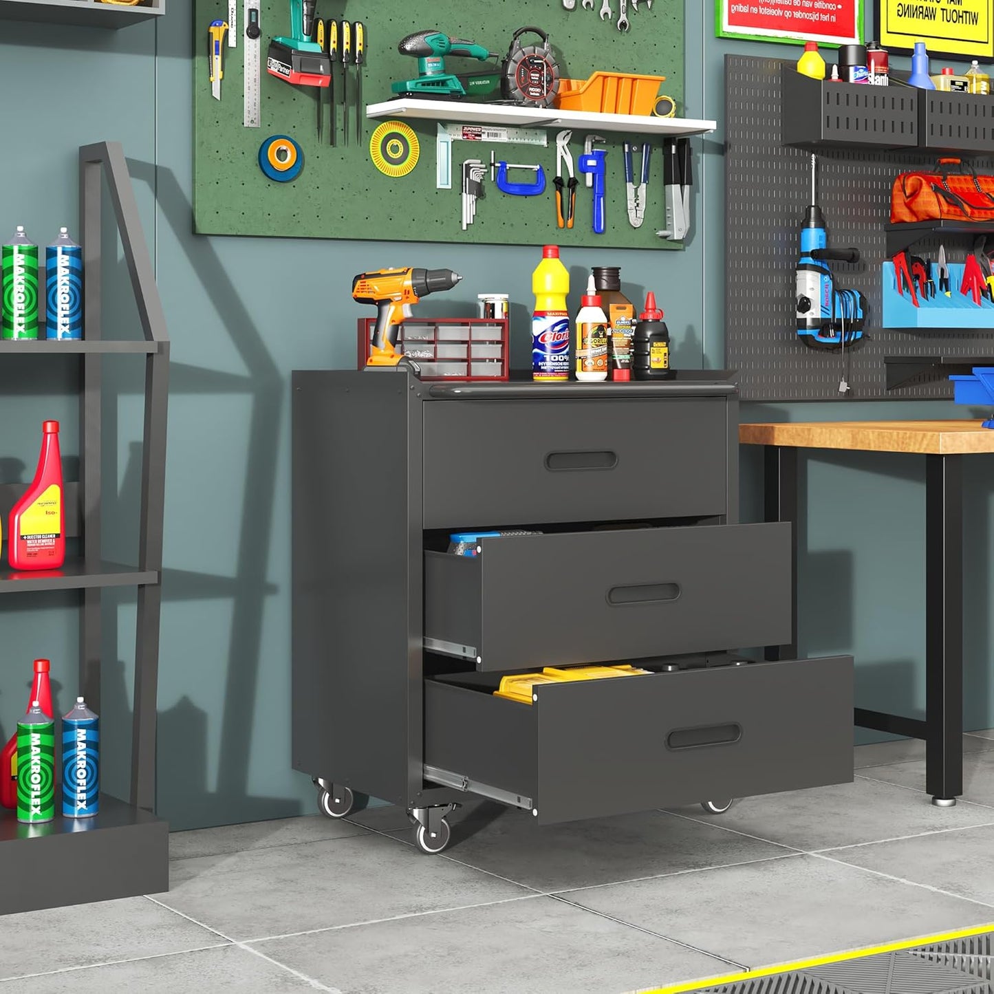 Metal Garage Storage Cabinet with Wheels,Locking Rolling Tool Cabinet with Drawers and Shelves for Home, Office, Garage & Workshop