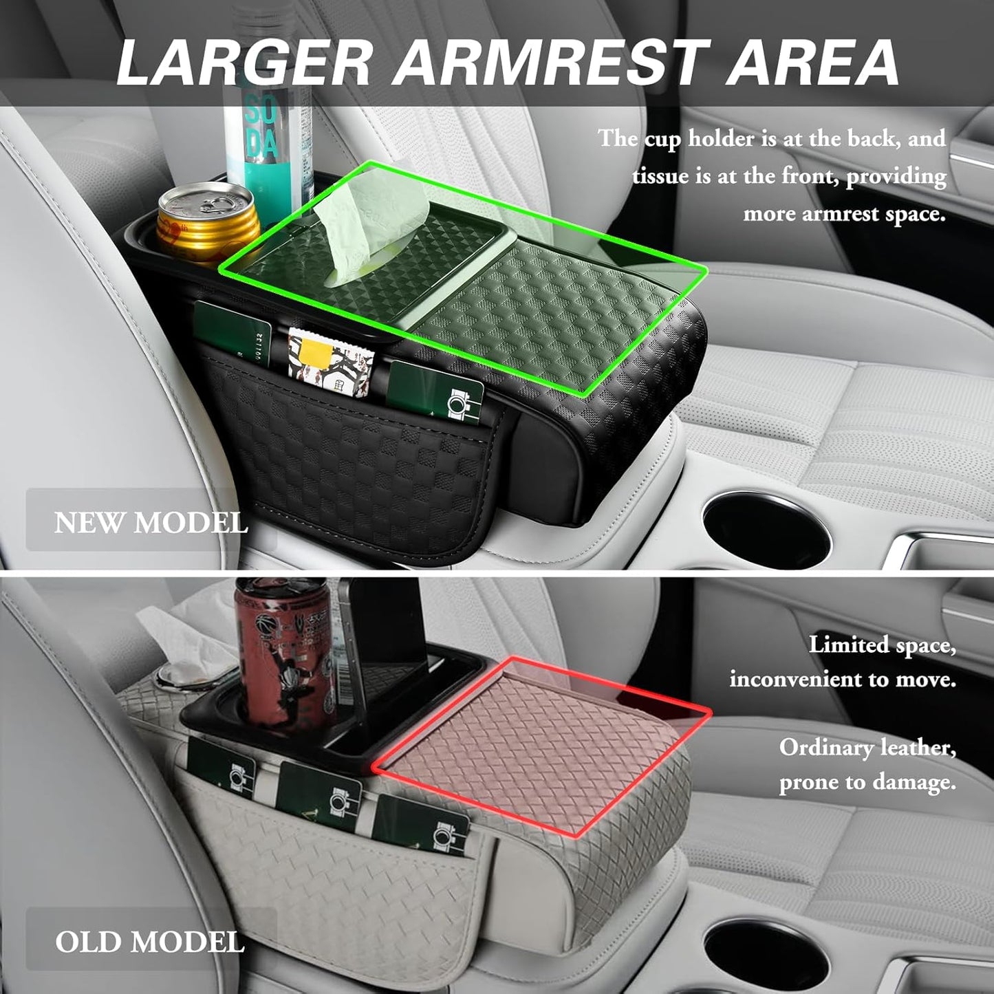 Car Center Console Cover, Armrest Cover for Storing Water Cups, Tissues, Cards, and Phones, 4-in-1 Center Cover with Soft Leather and High Resilience Memory Foam (Black)